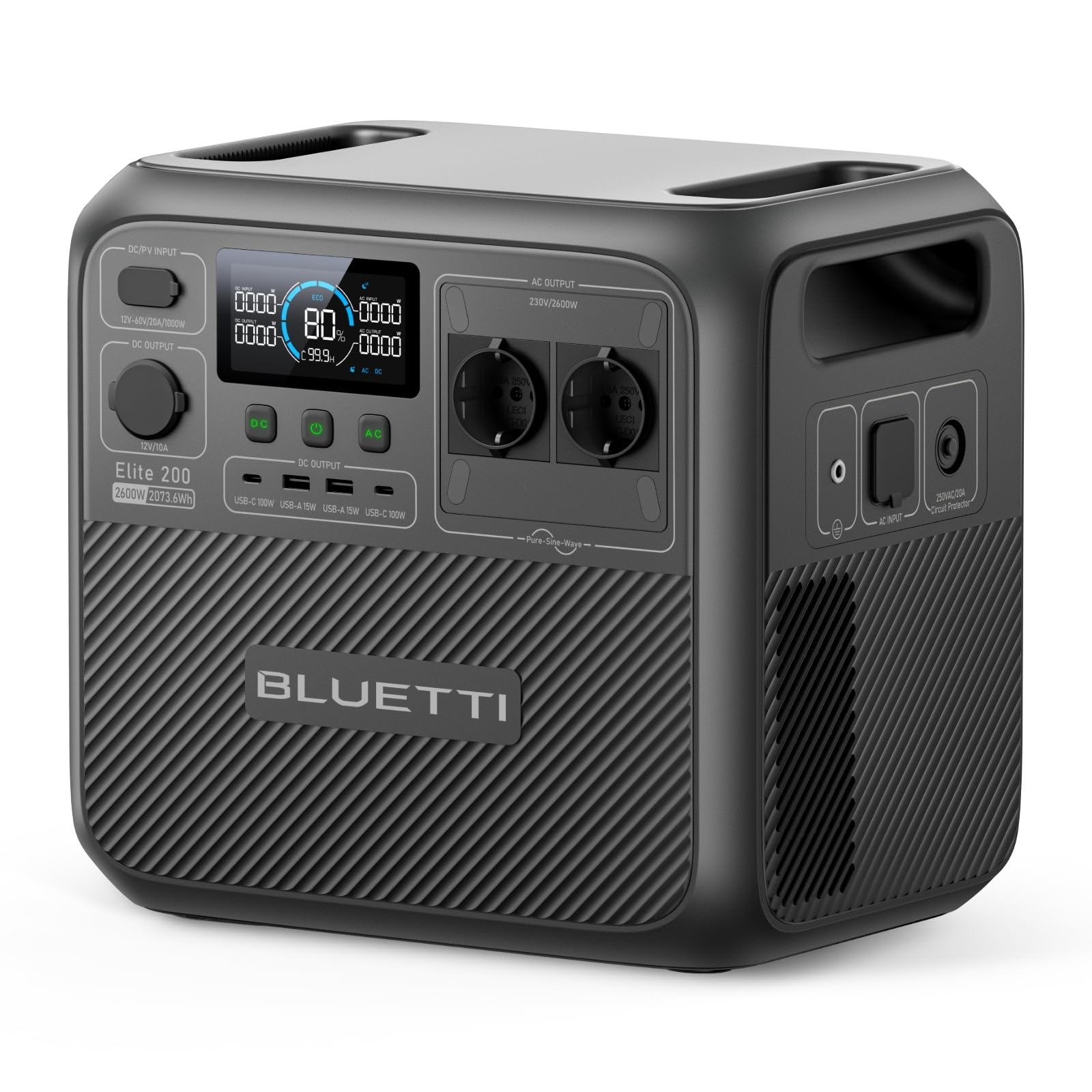BLUETTI Elite 200 V2 Générateur Électrique Portable, Recharge de 0-80% en 45 Min, Batterie LFP de 2073,6Wh avec 2 Prises CA 2600W (3900W Power Lifting), Station Électrique pour Camping