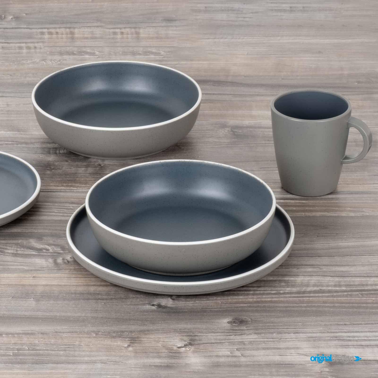 BRUNNER Camping-Geschirr-Set Melamin 2-4 Personen (12, 16 oder 36-teilig) Trilogy Dark - Stapelbar, Kratzfest - hochwertig + edel 3-farbig blau + grau | Steingutoptik und Porzellanhaptik | Antislip