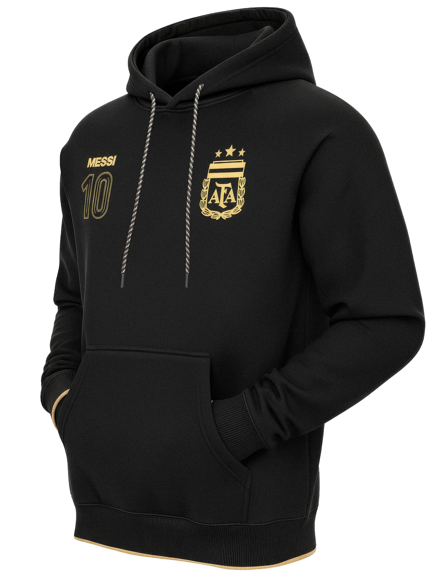 Icon Sports Lionel Messi 10 Argentinien AFA Kapuzenpullover, Erwachsenengrößen, Schwarz / Gold