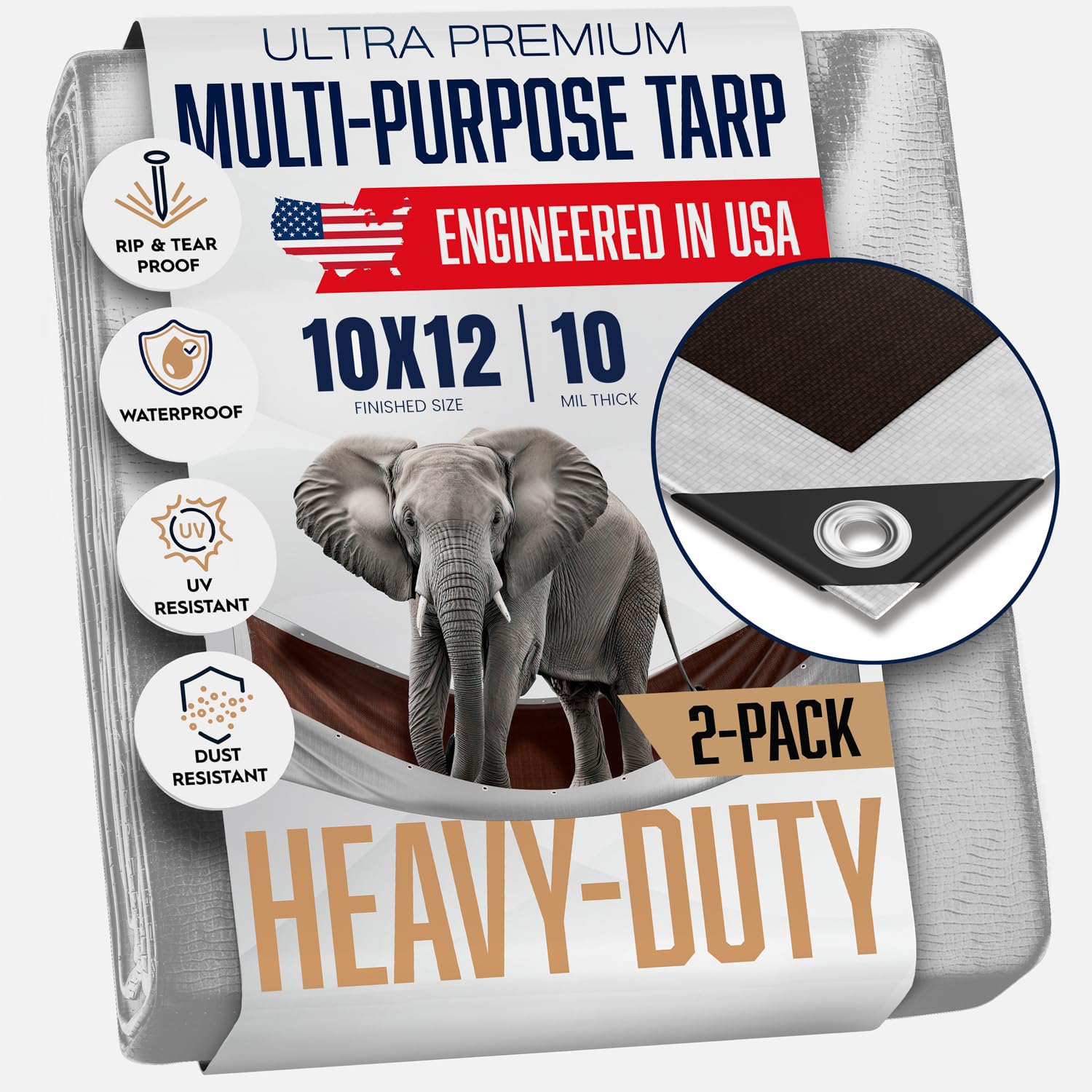 (2 Pack) 10x12 Heavy Duty Tarp, 10 Mil Thick, Waterproof, Tear & Fade Resistant, High Durability, UV Treated, Grommets Every 18 Inches. (Silver/Brown