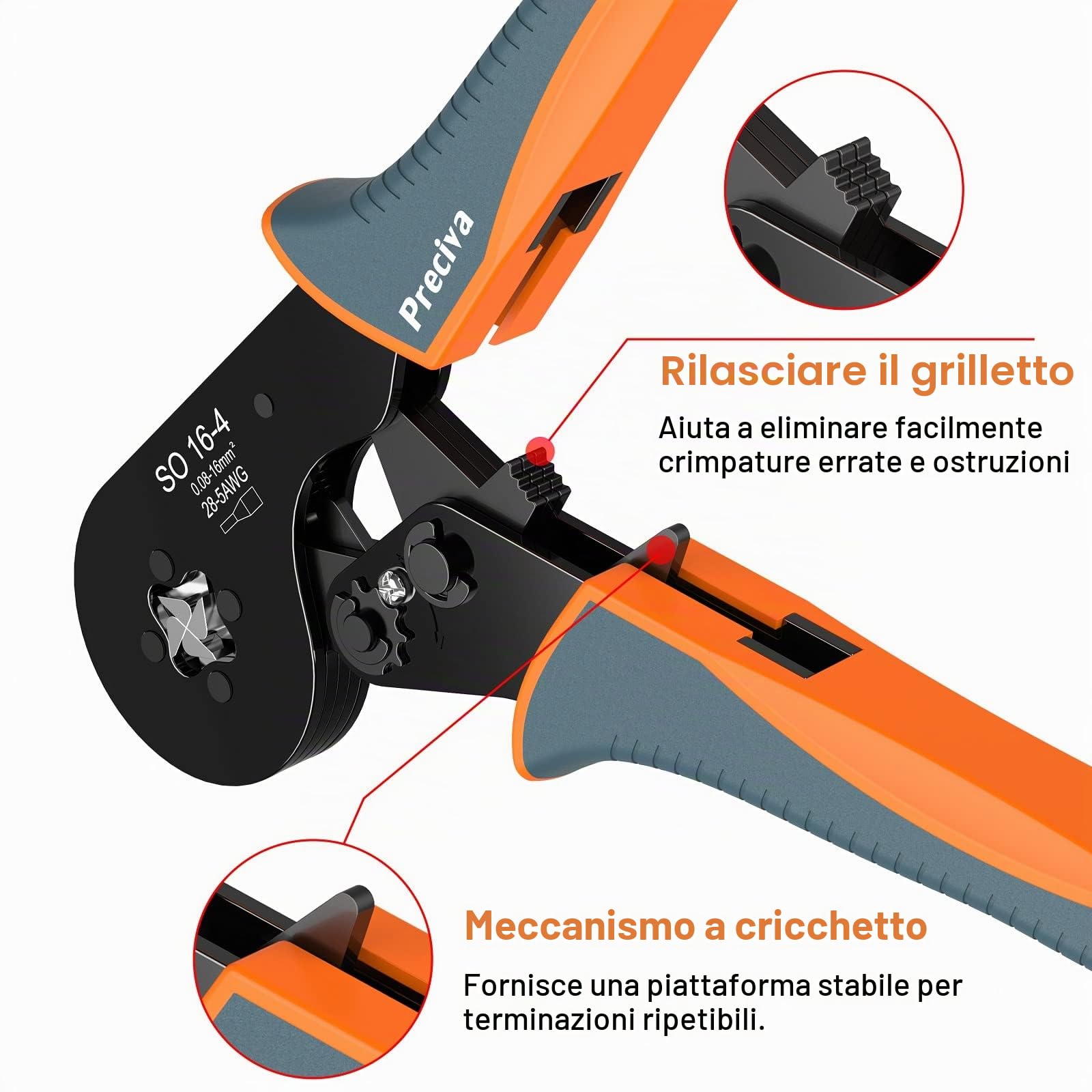 Pinza Crimpatrice Capicorda,Preciva Pinza per Terminali a Ghiera,Strumenti di Crimpatura Pinza a Quattro Lati per Cavi a Cricchetto Autoregolabile per Crimpare 0,08-16 mm²