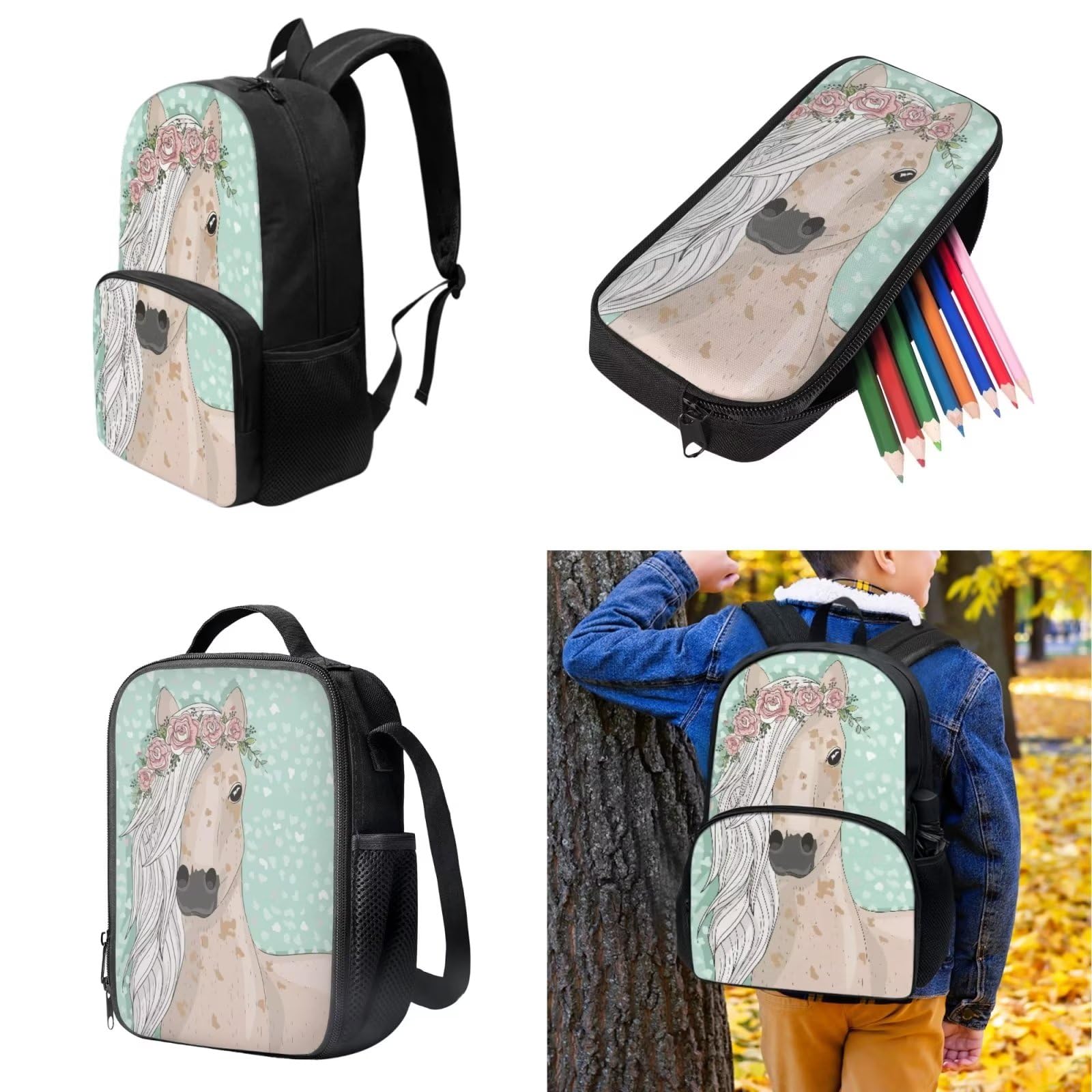 POLERO Juego de 3 bolsas escolares con impresión 3D para el almuerzo, estuche para lápices, Verde Caballo, Talla única, Mochila infantil