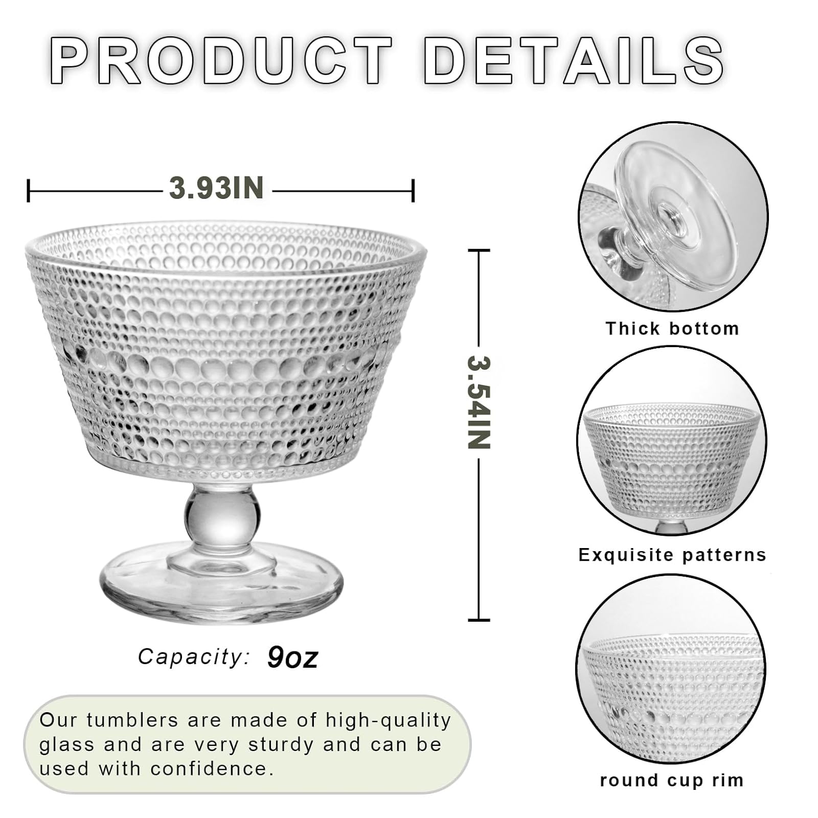 DNIENKGE Glass Dessert Bowls Breakfast Cups,Dessert cups Set of 4, 9oz Glass Ice Cream Sundae Cups?Glass Dessert Bowls, For oats?Ice Cream, Milk, Sorbet, Yogurt (4PCS)