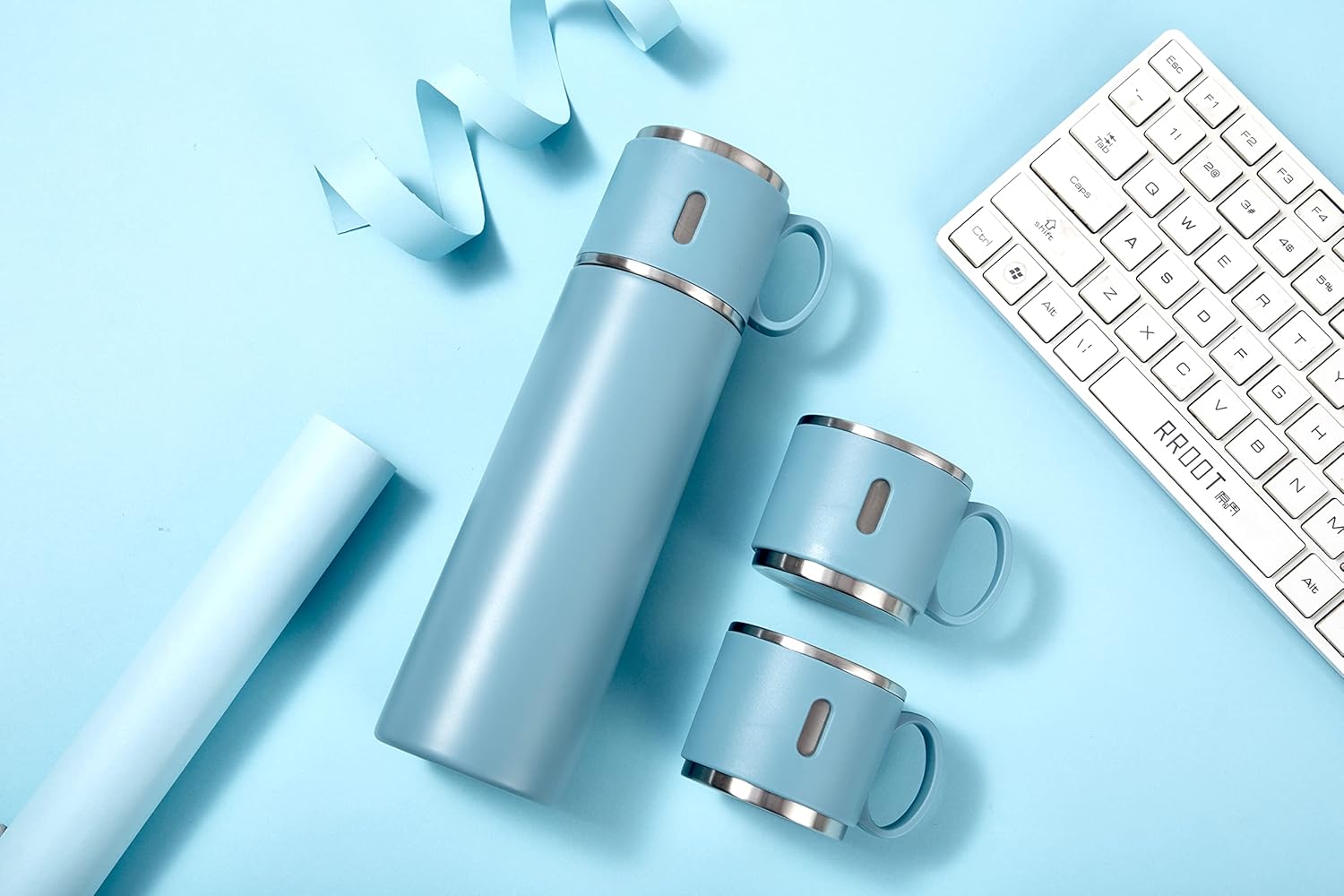 Vacuum Insulated Flask 500ml/17.6oz Stainless Steel Thermo Bottle with Cup for Coffee Tea Hot Drink and Cold Drink Travel Mug (Blue)