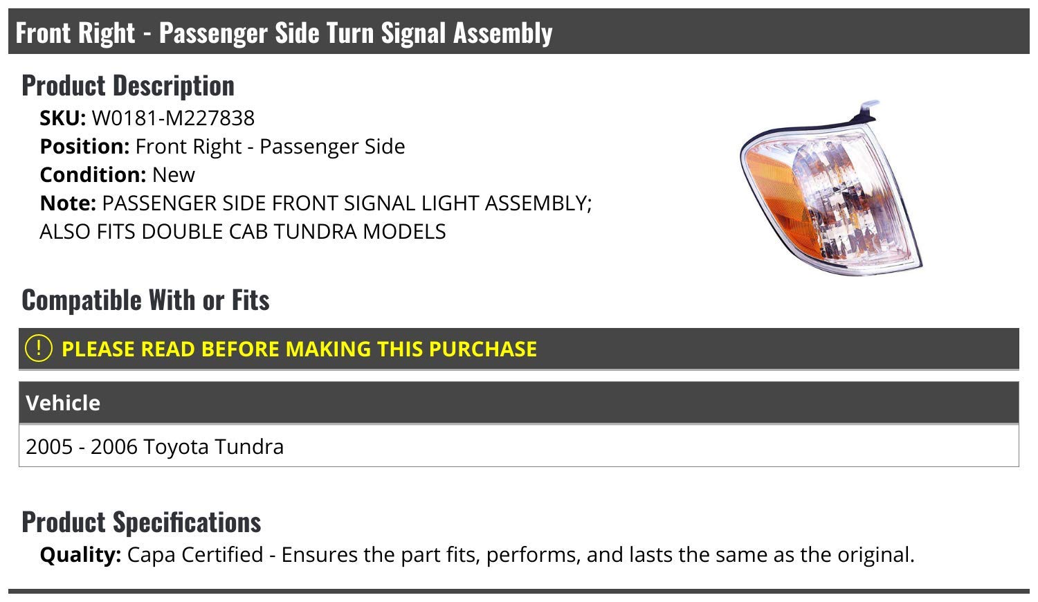 Marketplace Auto Parts Front Right Passenger Side Turn Signal Assembly - Compatible with 2005-2006 Toyota Tundra Double Cab