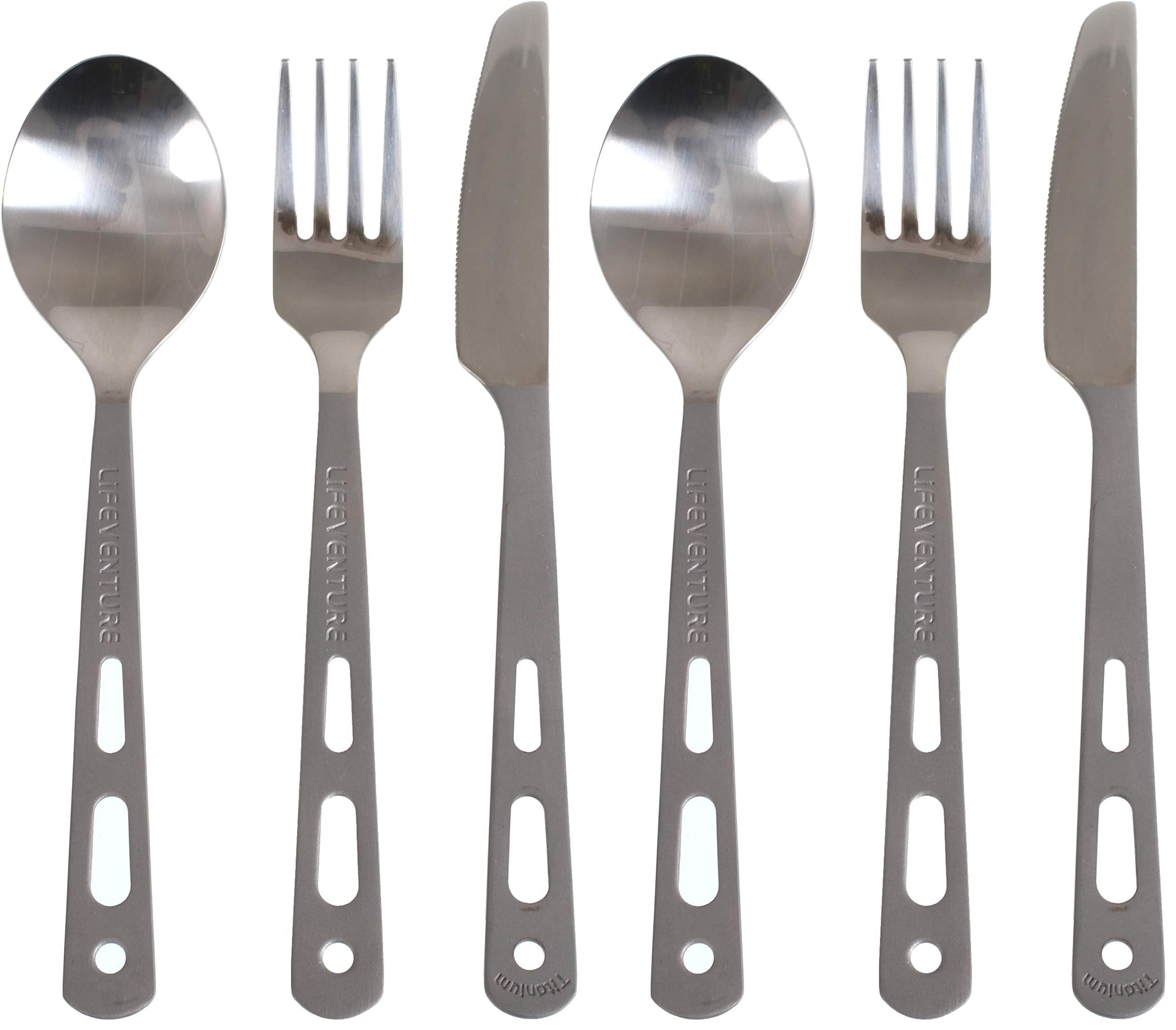 Lifeventure Juego de cubiertos de titanio para acampar - Cubiertos de camping ultraligeros para uno - Juego de cuchillo, tenedor y cuchara con mosquetón y cierre de velcro para acampar o viajar