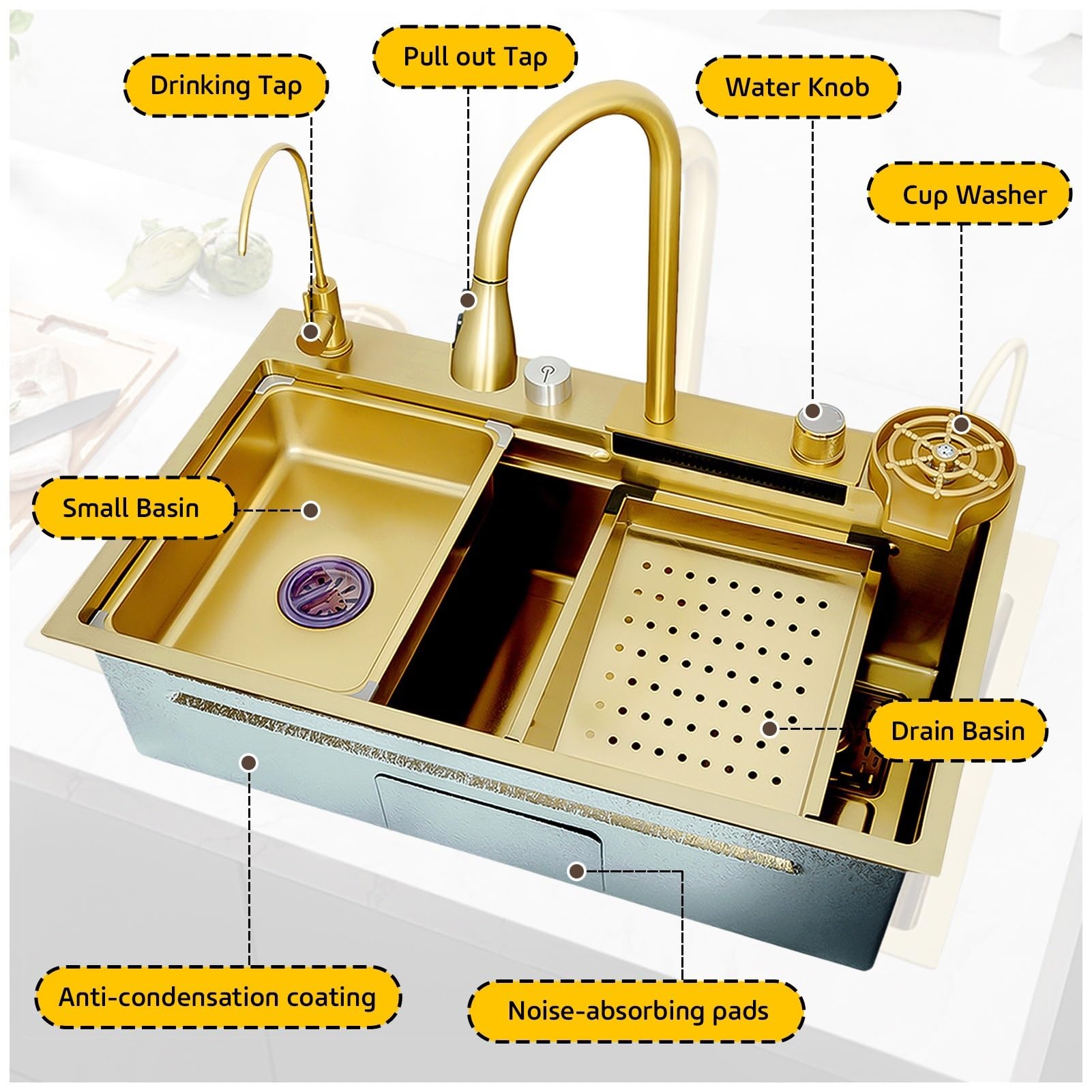 Fregadero de Cocina Grande Tipo Cascada, Fregadero Multifuncional para Bar con Grifo extraíble, lavavasos y Kit de desagüe, Fregadero de Acero Inoxidable de un Solo Seno Estilo gra