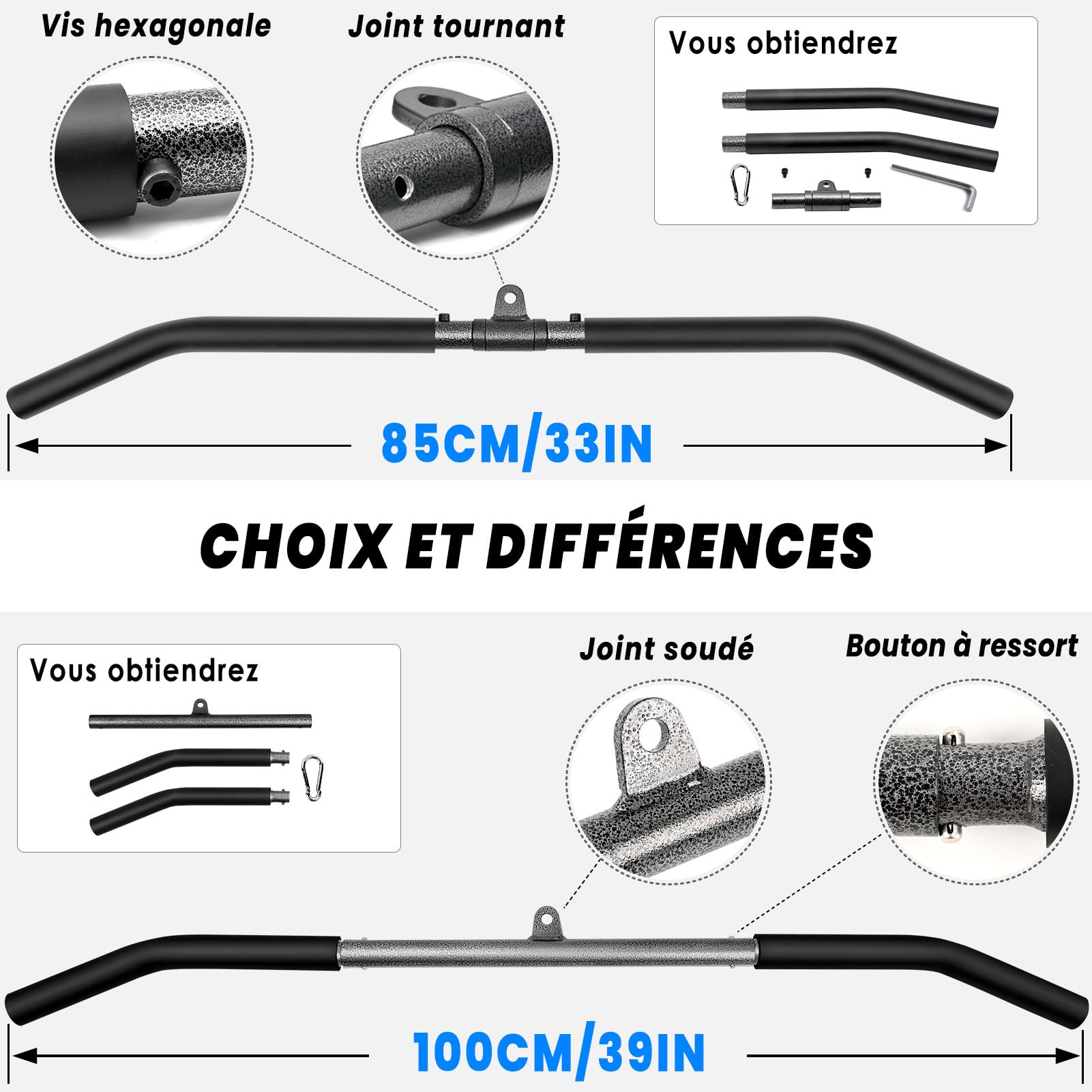 Barre Tirage Musculation, Triceps Biceps Barre de Tirage Musculation Dos en Acier Noir, Prise Large Barre pour Poulie Musculation Appareil Accessoire Sport à Maison