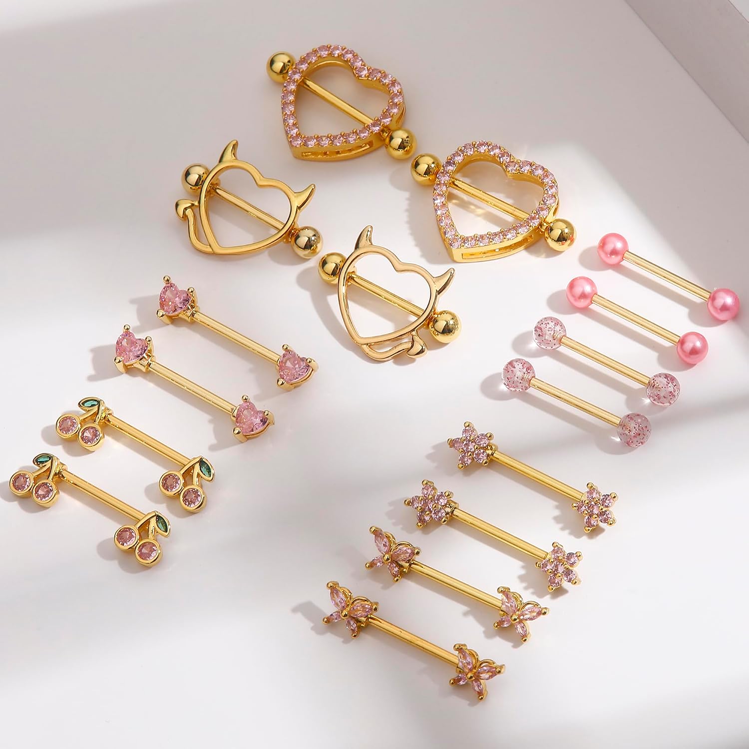 8 Pairs Gold Plated Nipple Rings for Women 14G Surgical Stainless Steel Nipple Piercing Jewelry Heart Cherry Butterfly Flower Nipple Barbells
