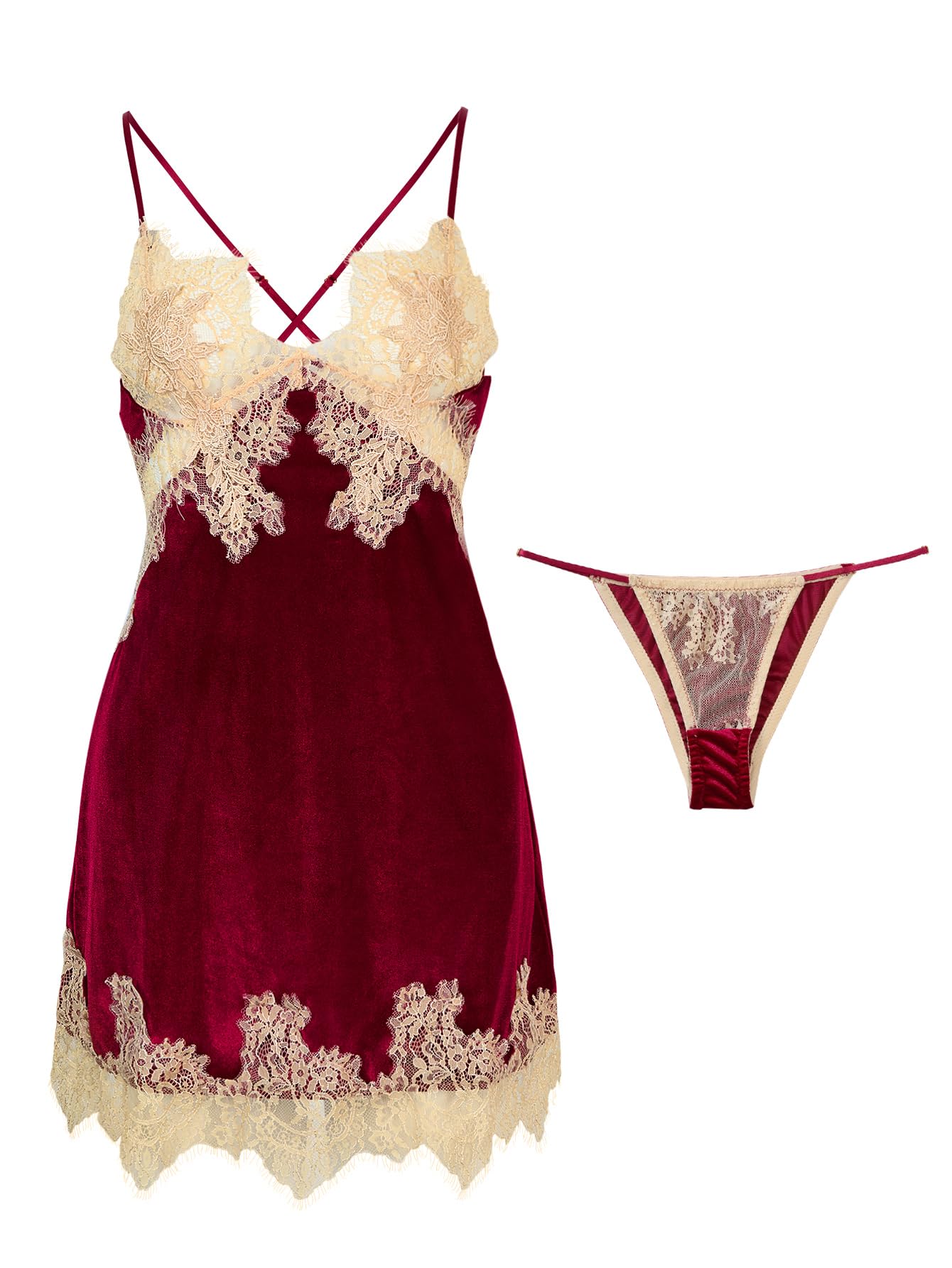 Lilosy Sexy Silk Lace Up Backless Satin Applique Floral Lace Babydoll Lingerie Dress with Tong 2 Piece