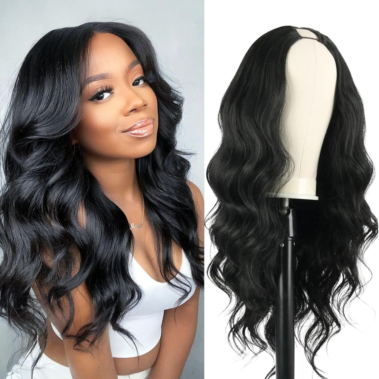 Black V Part Wig Body Wave 24 Inch Half Wigs for Women Synthetic Wavy V-Part Clip in No Leave Out Wear and Go Glueless Wig for Daily and Party