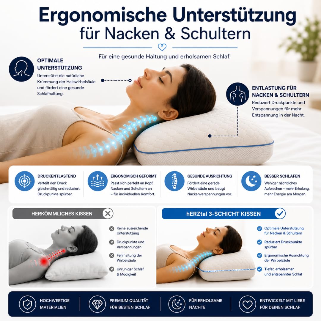 Ergonomisches Kopfkissen 40x60 cm Höhenverstellbar – Orthopädisches Nackenkissen mit Sommer- & Winterseite – Memory Foam Kissen für Seiten-, Rücken- & Bauchschläfer – Oeko-TEX
