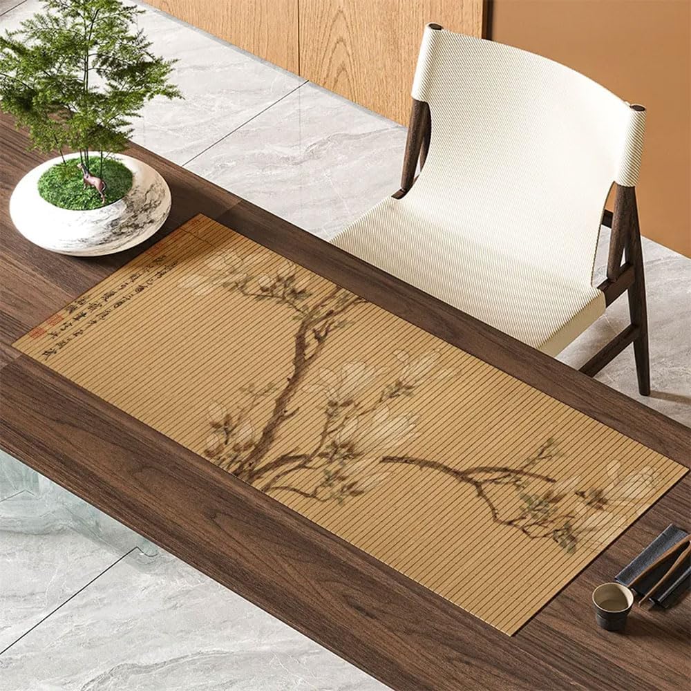 Asian Style Bamboo Table Runner, Ancient Chinese Paintings Zen Table Mat, Table Cover for Kitchen Dining Bedroom Decoration (Magnolia Flowers, 12"x63")