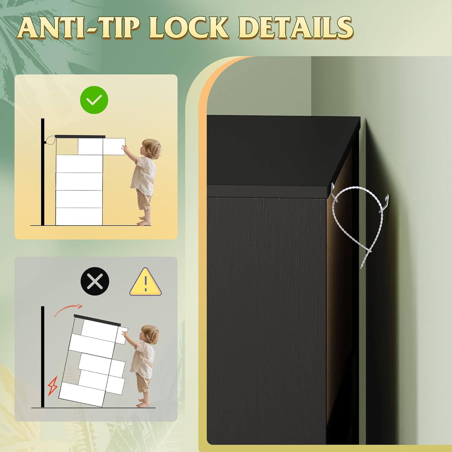 Diagram showing correct and incorrect use of anti-tip lock