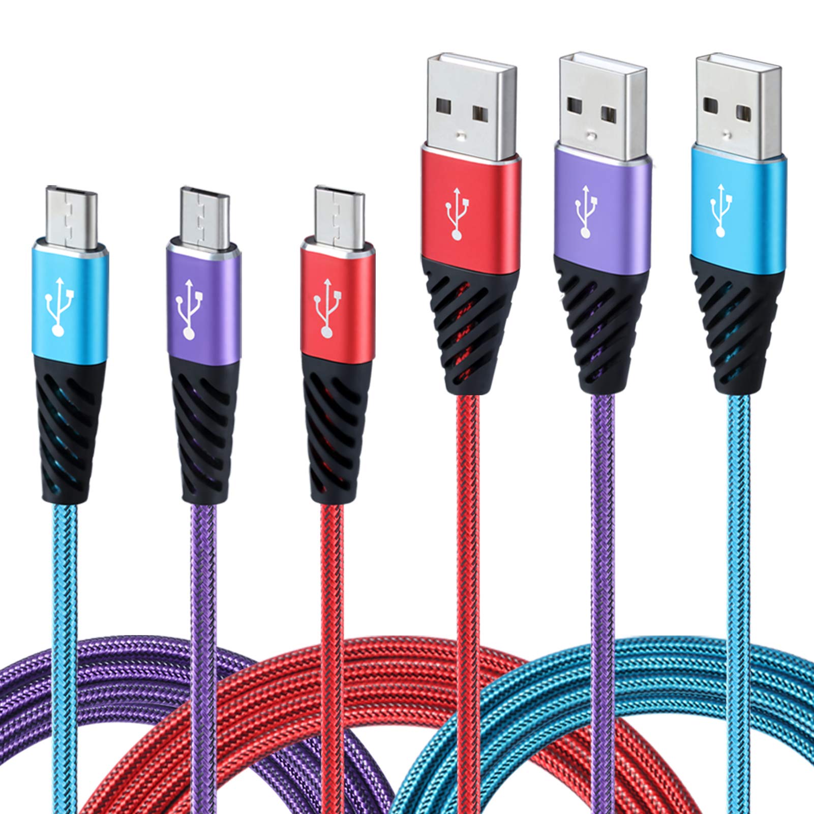 Bynccea Micro USB Cable 10FT 3-Pack Phone Charger Android Nylon Braided Android Charger Cables Fast Charging Compatible with Samsung Galaxy J8/J7/S7/S6/Edge,Note5,LG,HTC,Moto,Xbox,PS4,Red Blue Purple