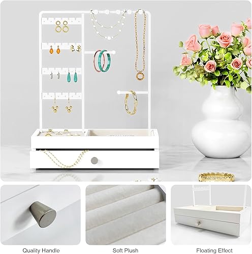 Vista 5 de Organizador de joyas blanco, soporte para aretes, soporte de exhibición de collar con cajón, árbol de torre de joyería para pulseras y anillos
