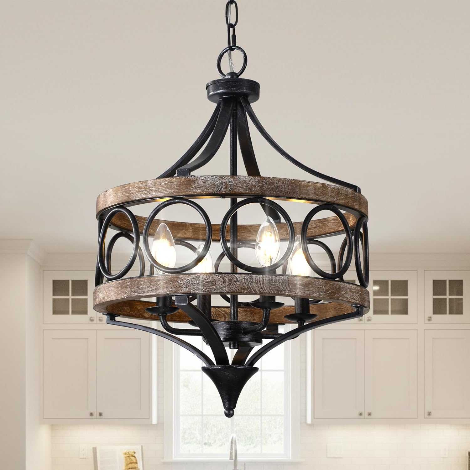 Farmhouse Chandelier 4-Light, Rustic Industrial Pendant Light with Solid Wood & Black Metal Ring, Adjustable Chain Hanging Light Fixture for Kitchen Island Dining Room Entryway Foyer