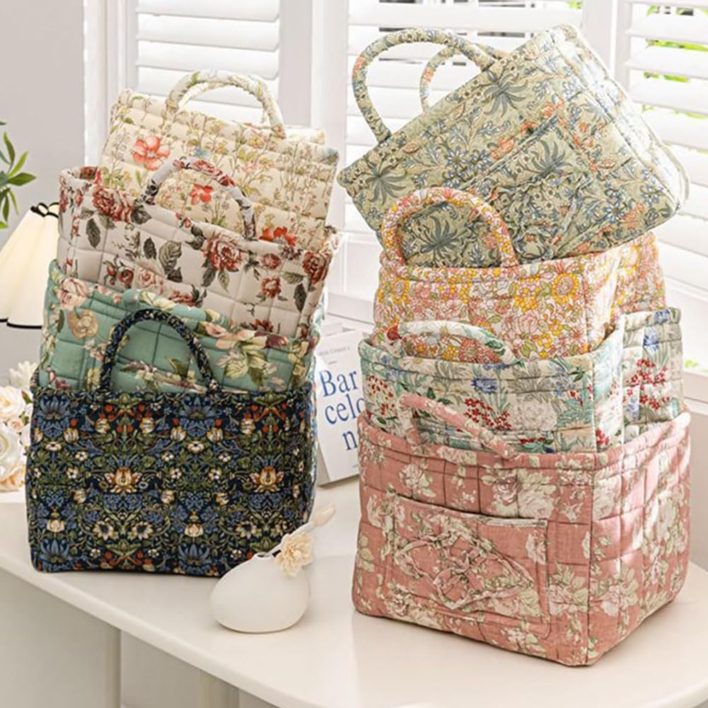 Boho Fabric Storage Basket, Boho Floral Laundry Baskets, Collapsible Bohemian Style Puffer Quilted Tote, Large Capacity Spring Vintage Storage Bag Organizer with Handle & Front Pocket (Flowers C#)