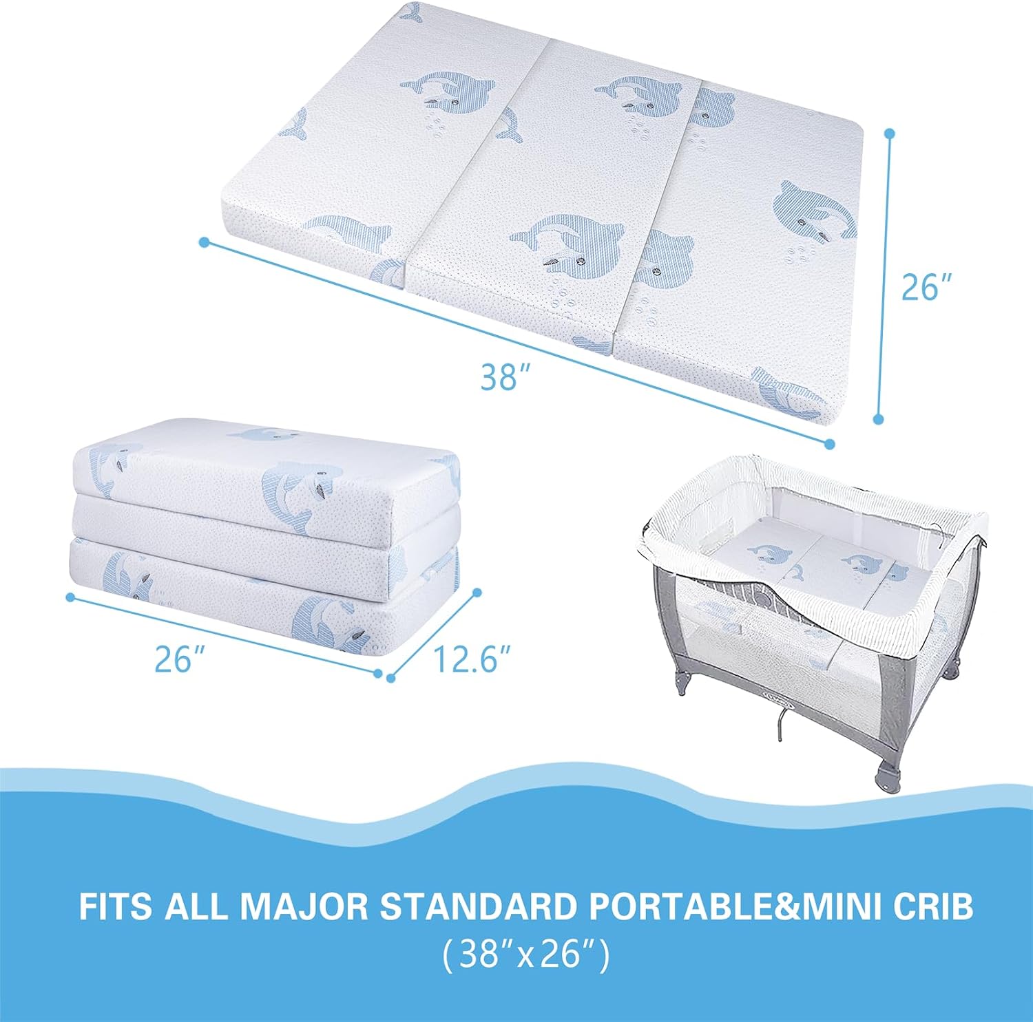 3″ Trifold Pack and Play Mattress (38×26), Dual Sided (Firm & Soft) Memory Foam Mattress for Infants & Toddlers, Portable Travel Crib Mattress with Washable Cover & Carry Bag