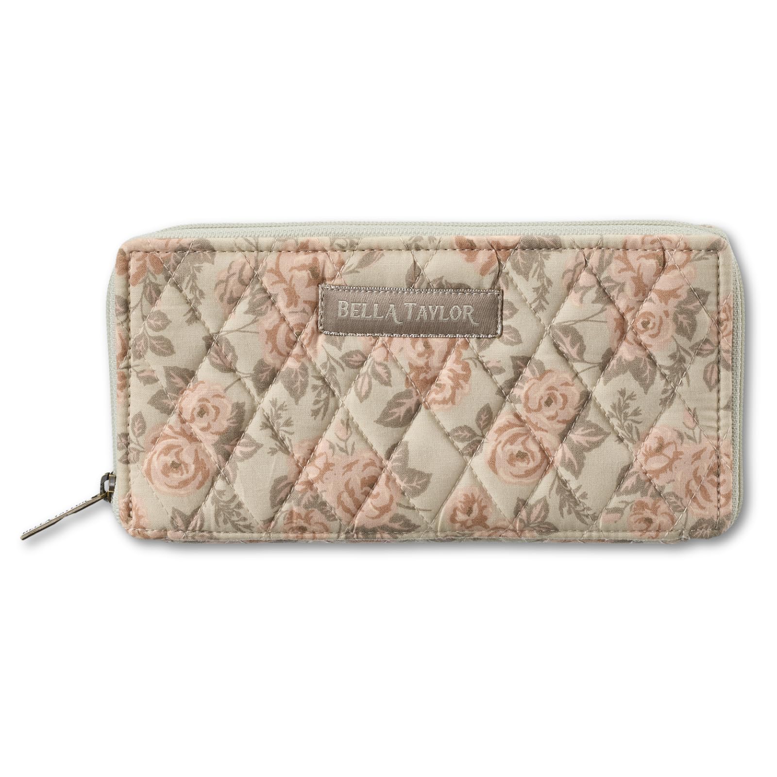 Bella Taylor Slim Card Wallet for Women | Quilted Cotton Fabric Zip Around Credit Card Wallet with RFID Protection | Cameo Rose