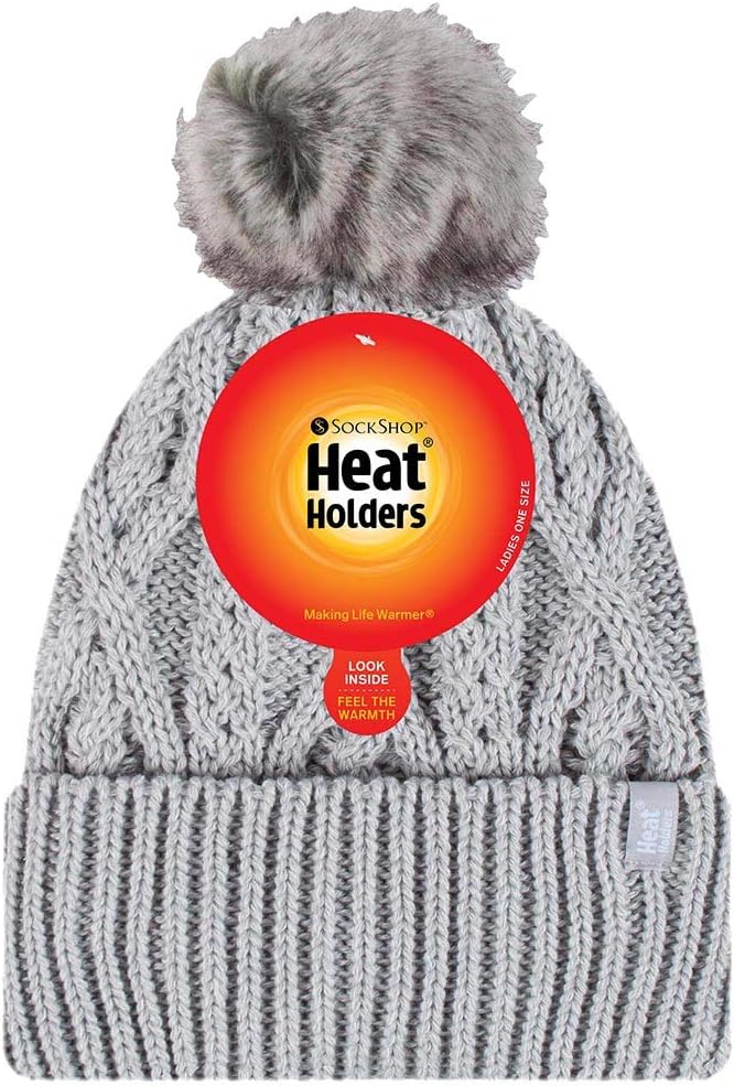 HEAT HOLDERS - Womens Ribbed Cuffed Pom Pom Bobble Beanie Hat with Fleece Lining