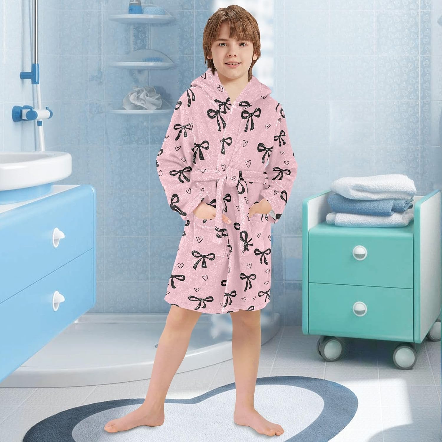 Black Bow Heart Toddler Hooded Bathrobe for Boys Girls Soft Plush Bath Towel Robe 2-12 Years