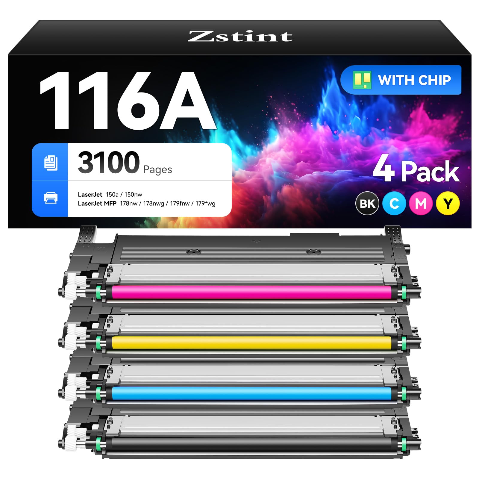 116A Toner Cartridge Set 4-Pack Replacement for HP 116A W2060A W2061A W2062A W2063A Compatible with HP Color Laser 150a 150nw MFP 178nw 178nwg 179fnw 179fwg Series Printer Black Cyan Magenta Yellow