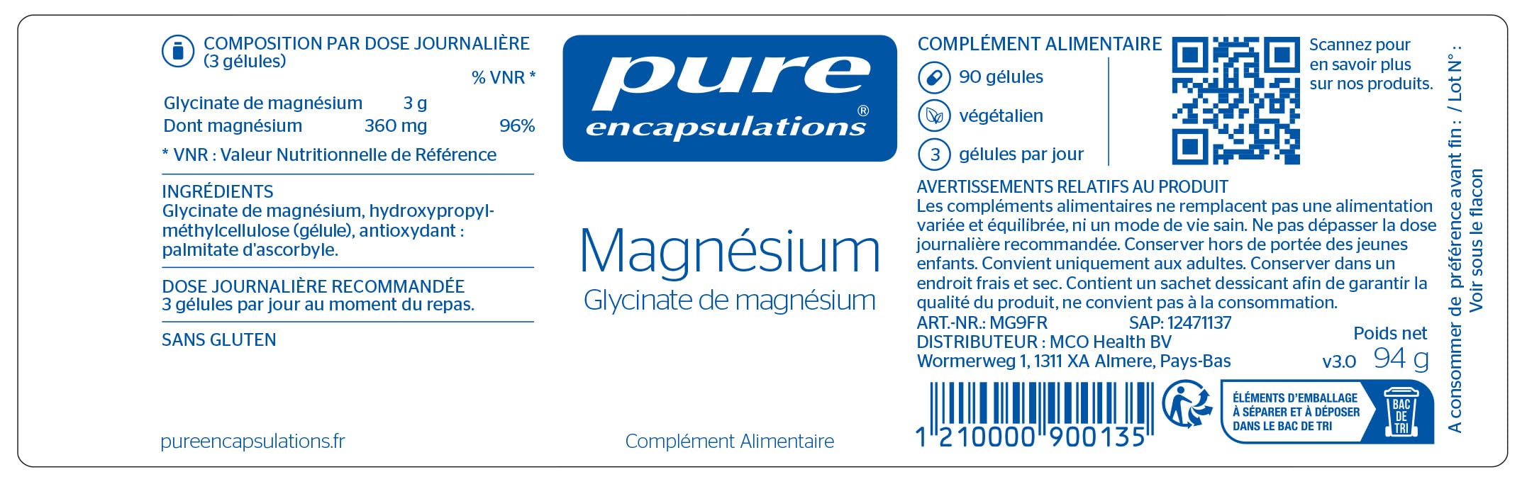 Pure Encapsulations - Glycinate de Magnésium 120mg - Magnésium Chélaté Biodisponible - Complément Anti-Fatigue - 90 Gélules Véganes