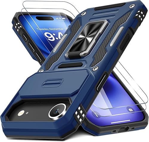 Miniatura 20 de DEERLAMN Funda para iPhone 14 Plus con cubierta deslizante para cámara + protector de pantalla (1 paquete), soporte de anillo giratorio con base