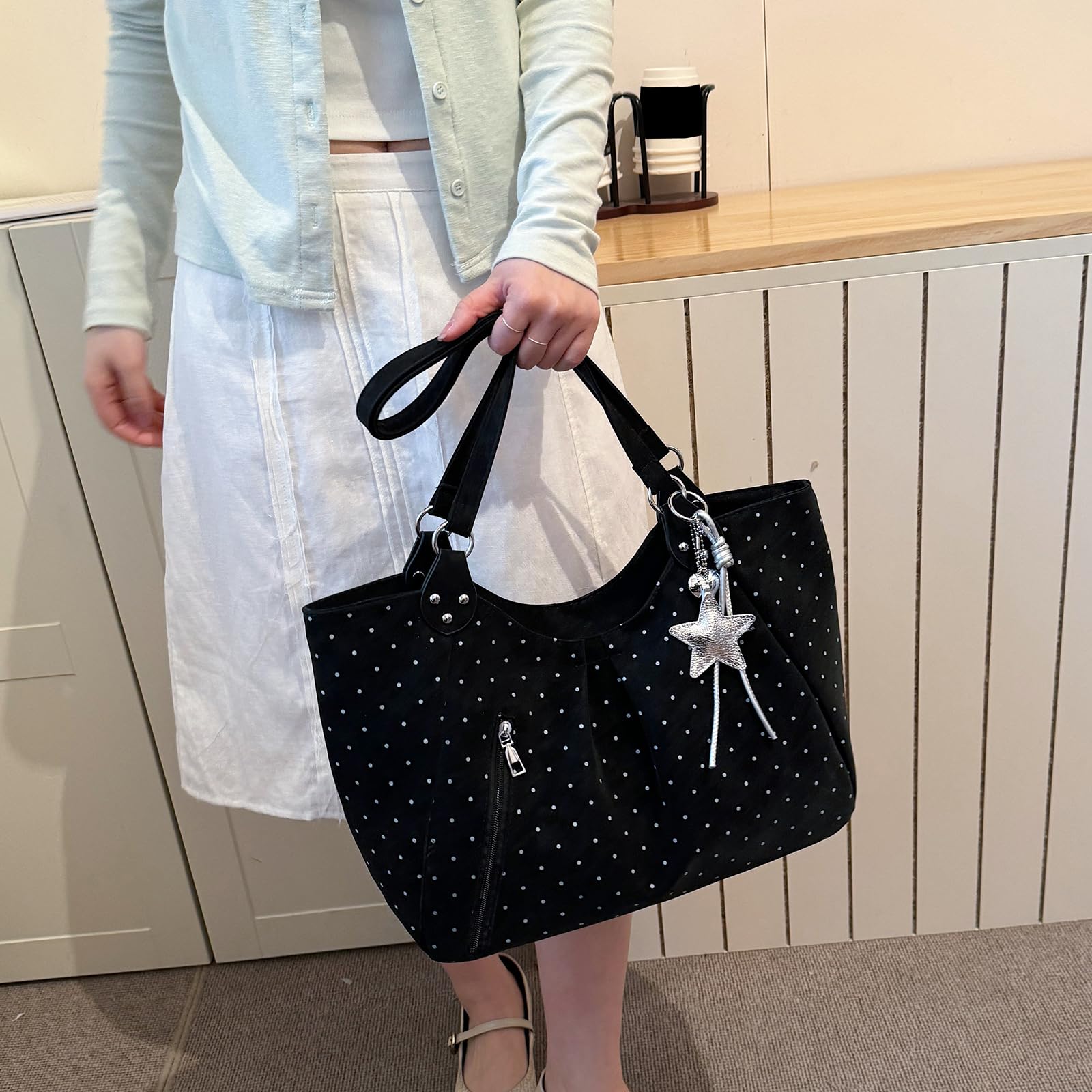 Bolso de mano de piel sintética con lunares con colgante estrella, bolso bandolera espacioso estilo para diario y trabajo