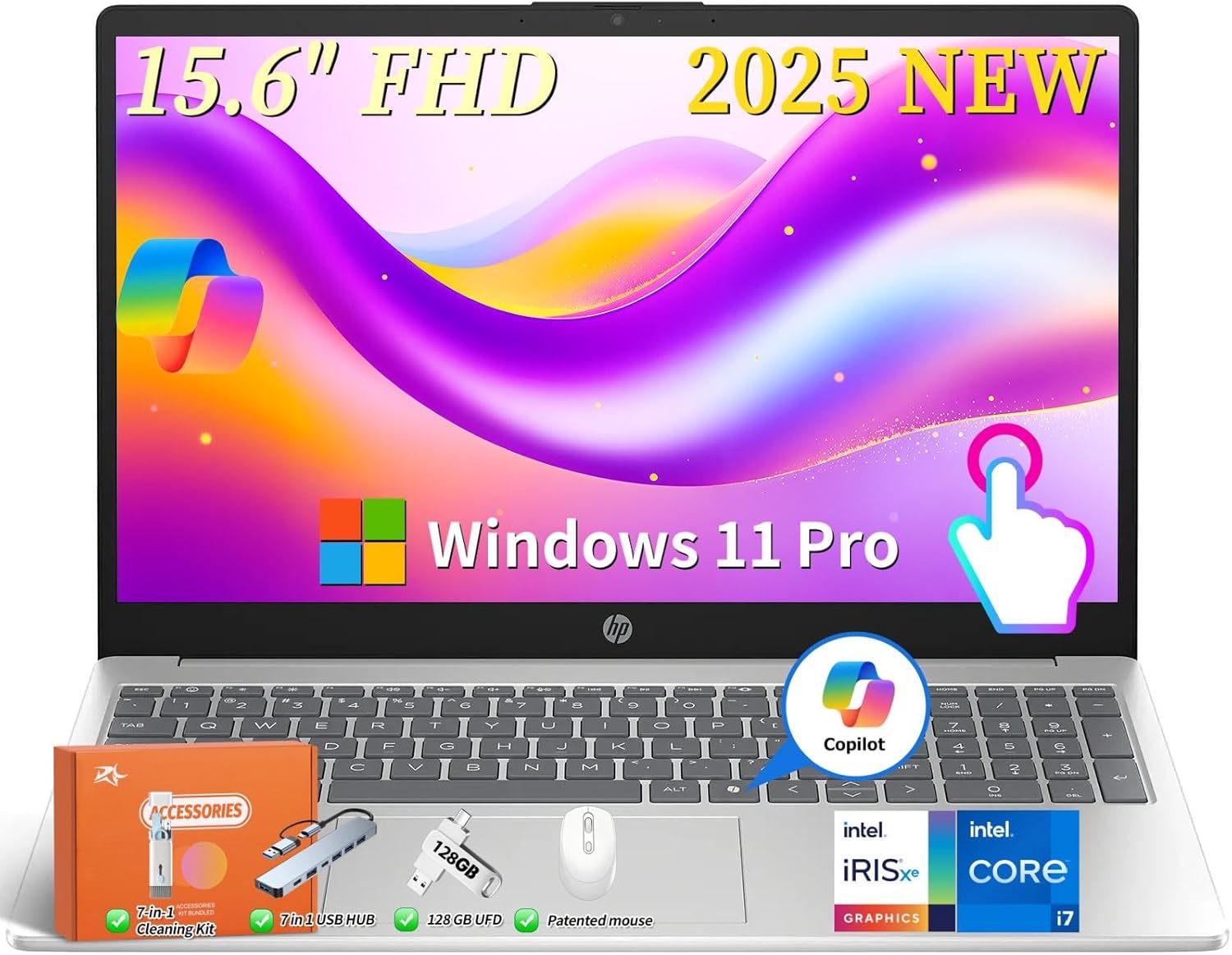 HP 2025 Touchscreen Laptop for Business, 15.6" FHD Touchscreen Display, Intel 13th Gen i7-1355U, 16 GB DDR4 RAM, 512 GB SSD, Copilot AI, Iris Xe Graphics, Wi-Fi 6, Windows 11 Pro, w/Accessories