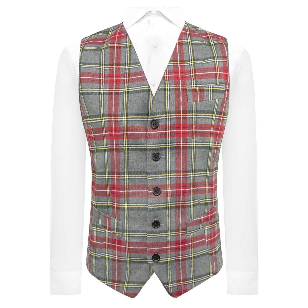 King & Priory Traditional Light Grey Tartan Check Waistcoat, Scottish, Stewart (Small | 36in Chest)