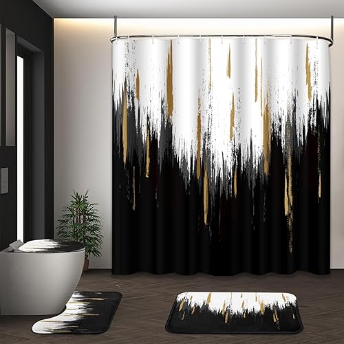 Miniatura 9 de Juego de cortina de ducha abstracta turquesa con tapa de inodoro y alfombras antideslizantes para baño, arte de pintura moderna, cortina de ducha de