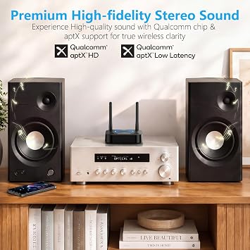 [Upgraded] 1Mii B06Pro Long Range Bluetooth Receiver, HiFi Wireless Audio Adapter, Bluetooth 5.3 Receiver with 3D Surround aptX HD Low Latency Optical RCA AUX 3.5mm Coaxial for Home Stereo System