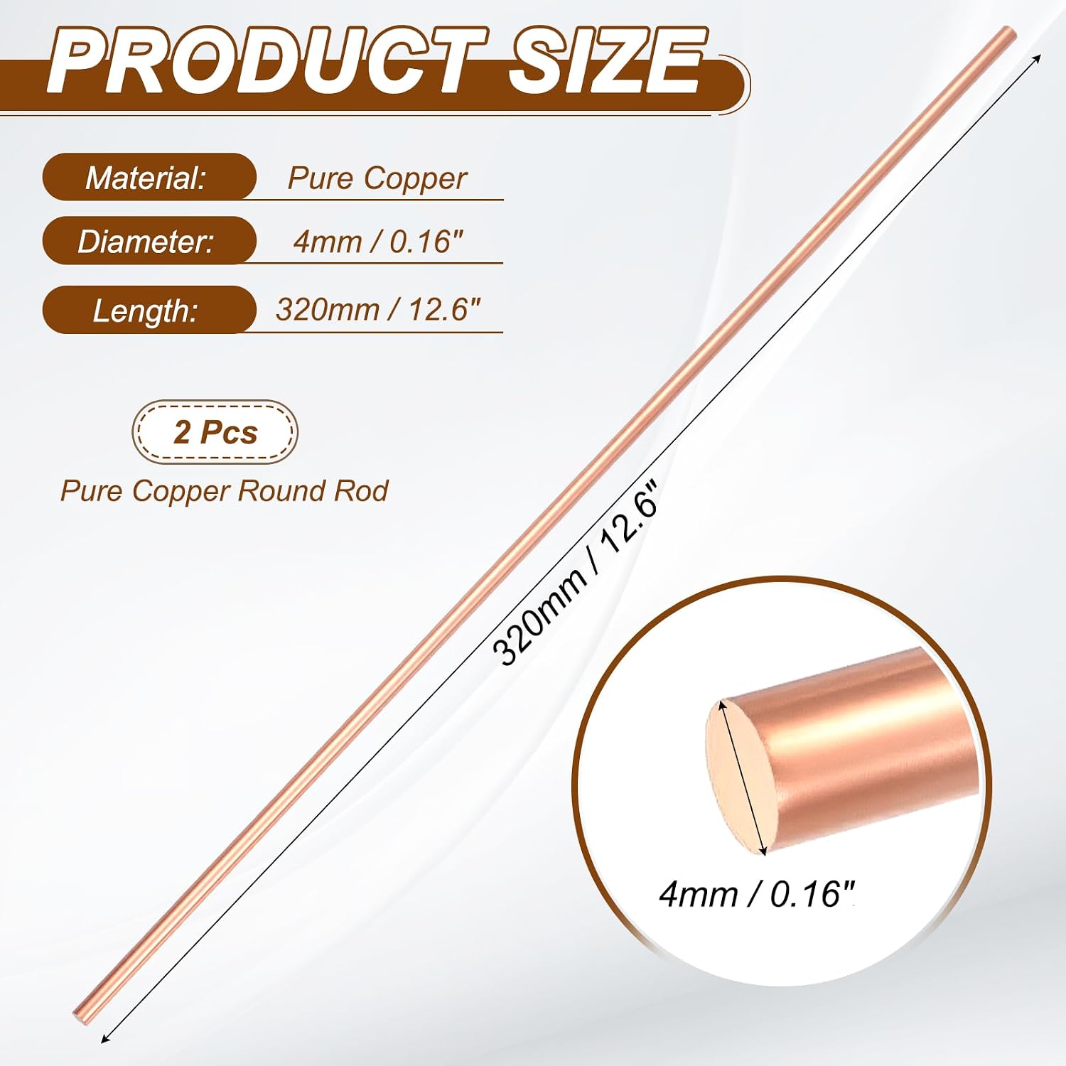 PATIKIL 2Pcs 99.99% Pure Copper Round Rod, 4mm / 0.16" Dia 12.6" Length Bare Copper cu Metal Rod Lathe Bar Stock for DIY Metal Craft Hobbies Gardening Industry Decoration