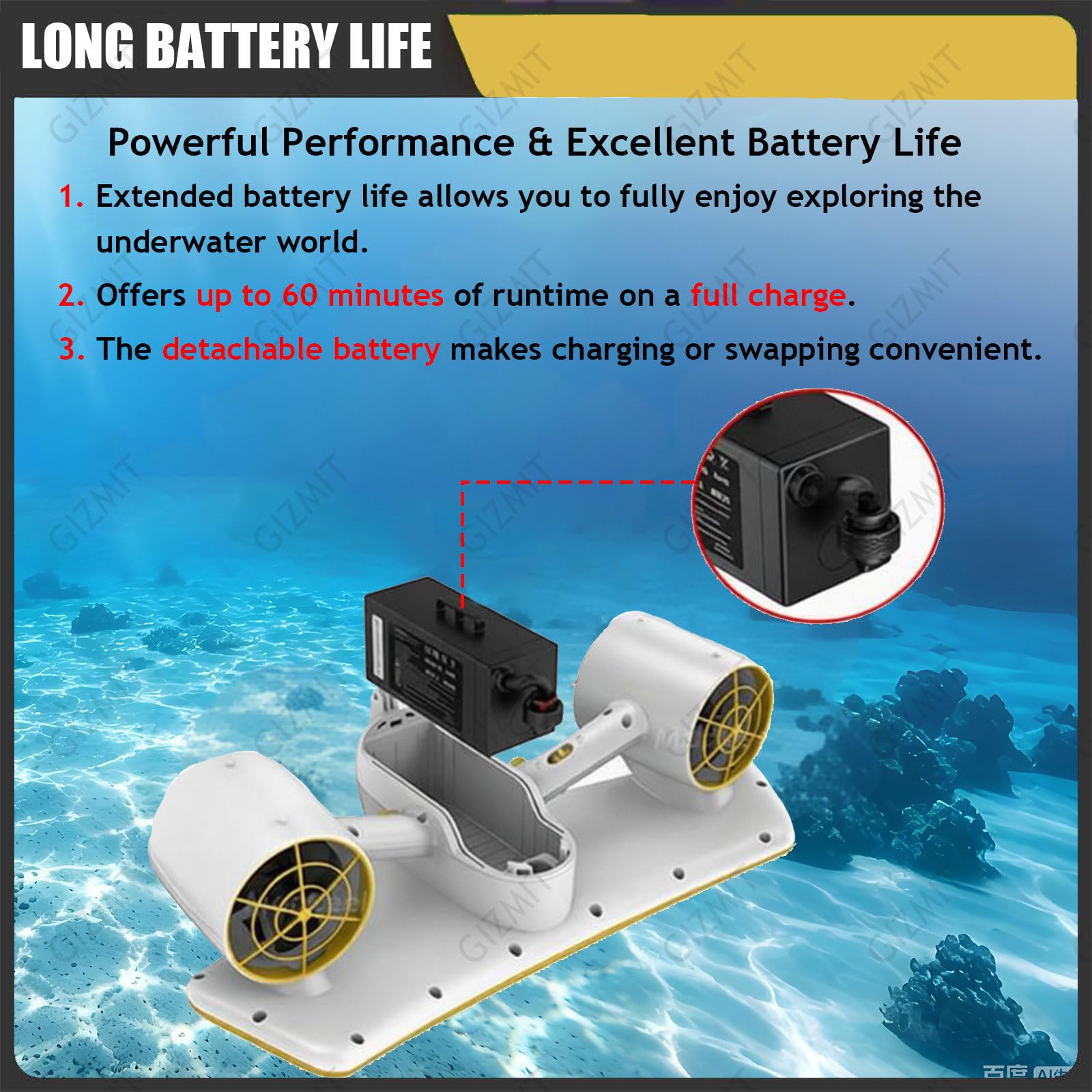 Scooter Submarino, propulsor acuático de Doble Motor con Soporte para cámara de acción, 2 Modos de Velocidad y batería extraíble; Ideal para Buceo y natación en Piscina. Black