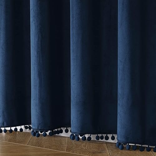 Miniatura 4 de Victree Cortinas opacas de terciopelo con pompones para dormitorio, cortinas opacas de 52 x 72 pulgadas de largo, oscurecimiento de la habitación,
