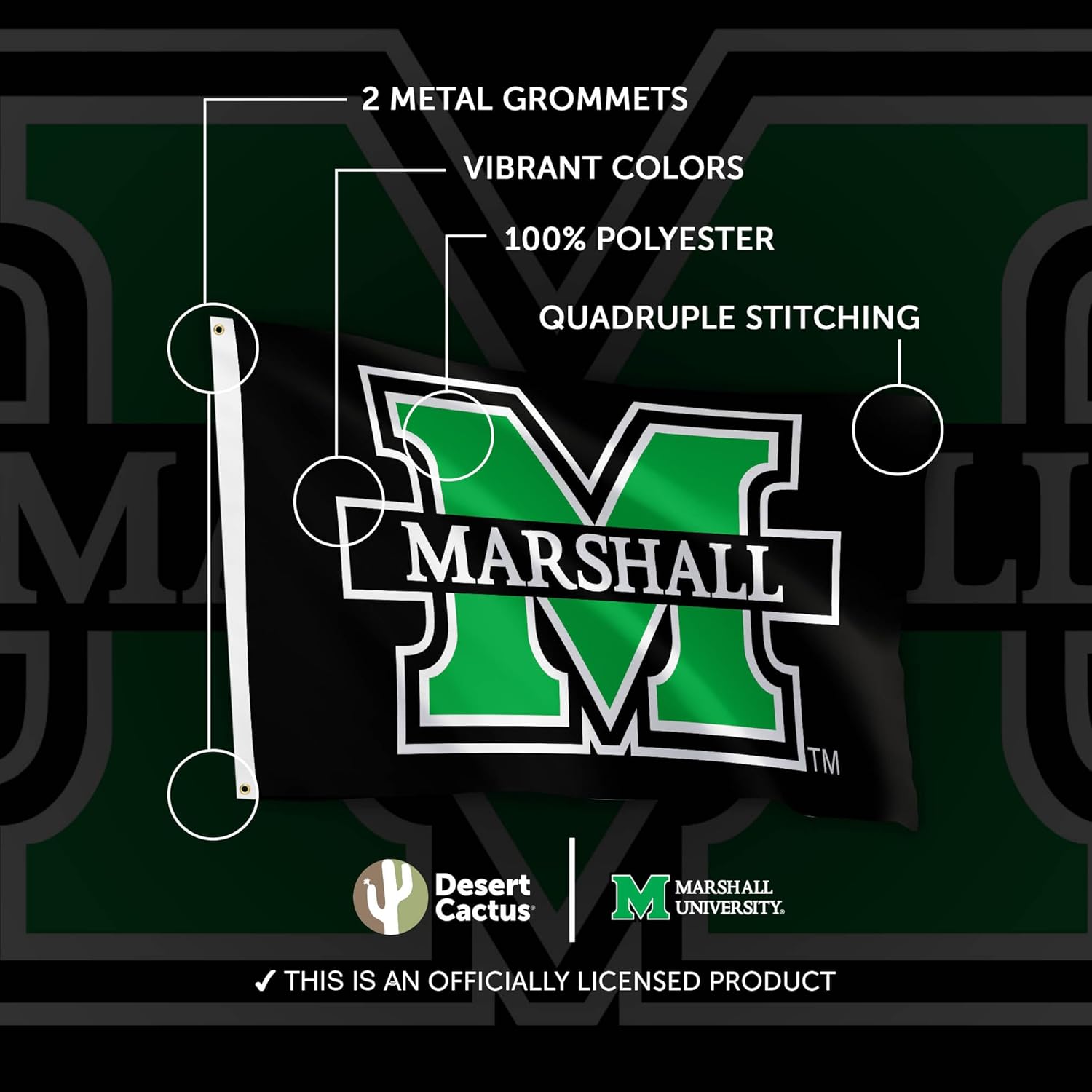 Desert Cactus Marshall University MU Flag - 3 x 5 Feet Thundering Herd Banner, Indoor/Outdoor Durable Fabric, 100% Polyester Design (Style 7) - Image 4