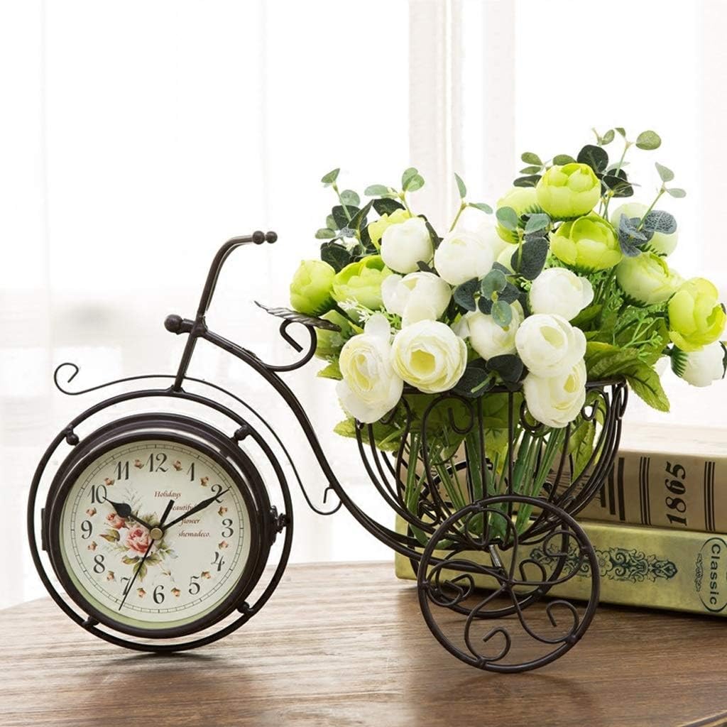 Small Decorative Table Clock Home Iron Art Three-Wheeled Bicycle Table Clock Garden Living Room Double-Sided Silent Table Clock Gift Ornaments Table Clock