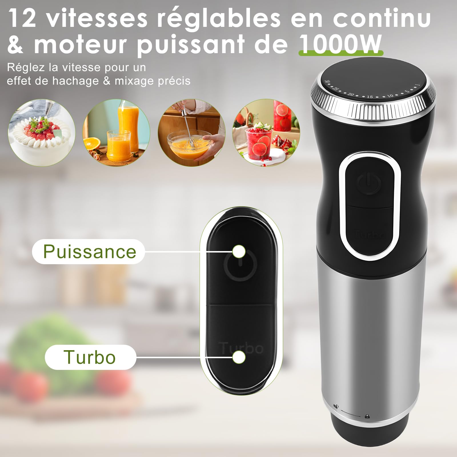 Dreamhigh® Mixeur Plongeant Professionnel 4-en-1, 1000W avec 12 Vitesses + TURBO & 2 Boutons, Inclus Fouet, Hachoir 500ml & Verre Doseur 700ml, Idéal pour Soupes, Smoothies & Purées