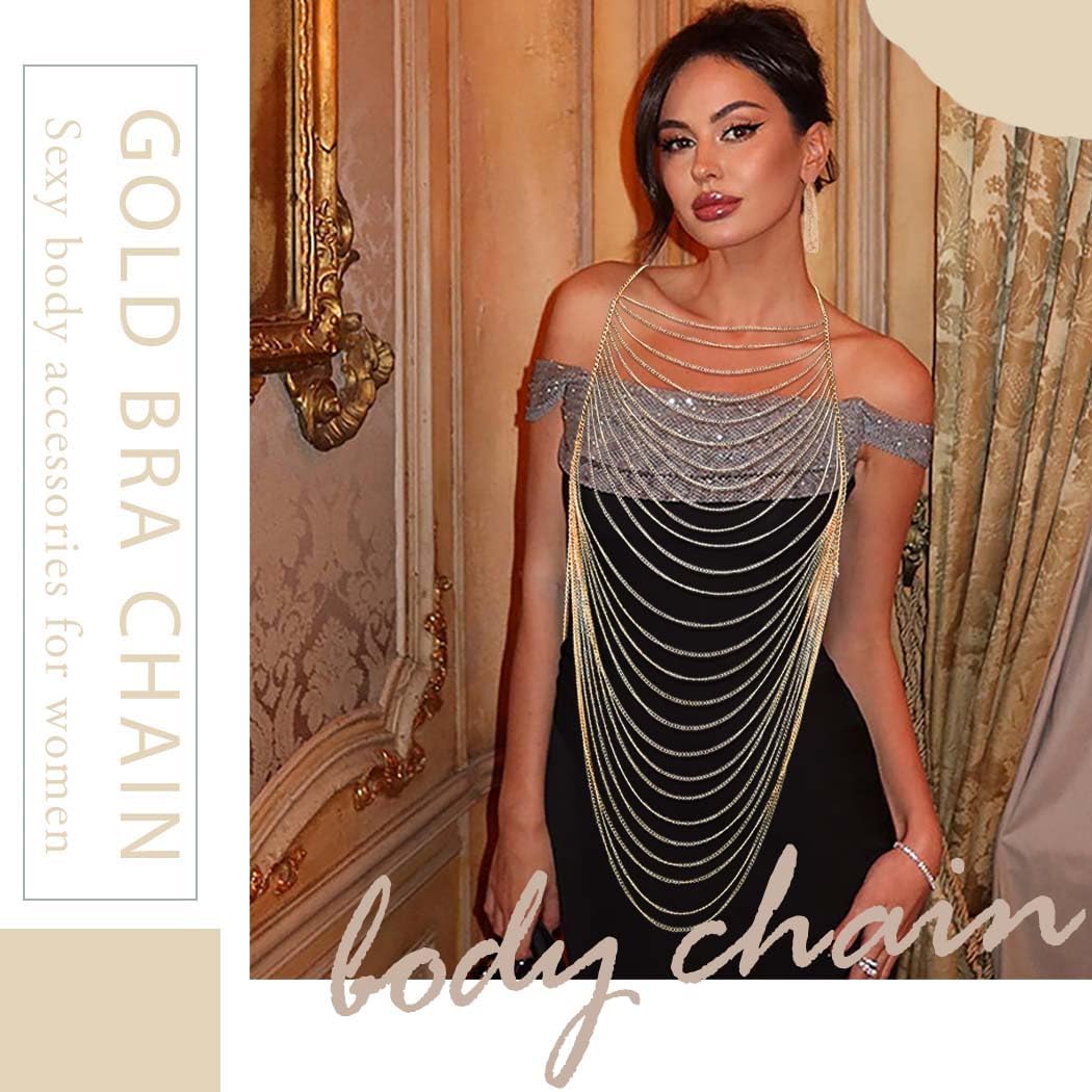 Gold Body Chain Tassel Chain Bra Body Harness Jewelry for Women Shoulder Chains Chest Bikini Rave Accessories (with Gold Earrings) - Image 2