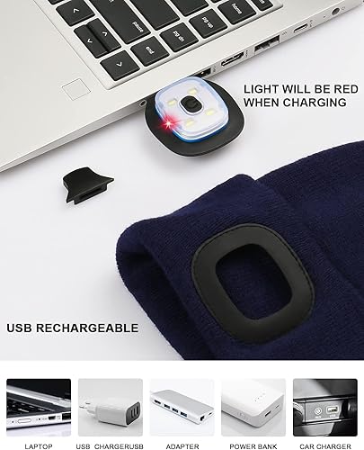 Miniatura 4 de MELASA Gorro con luz para niños,Sombrero de faro LED manos libres recargable por USB, gorro de invierno de punto con linterna