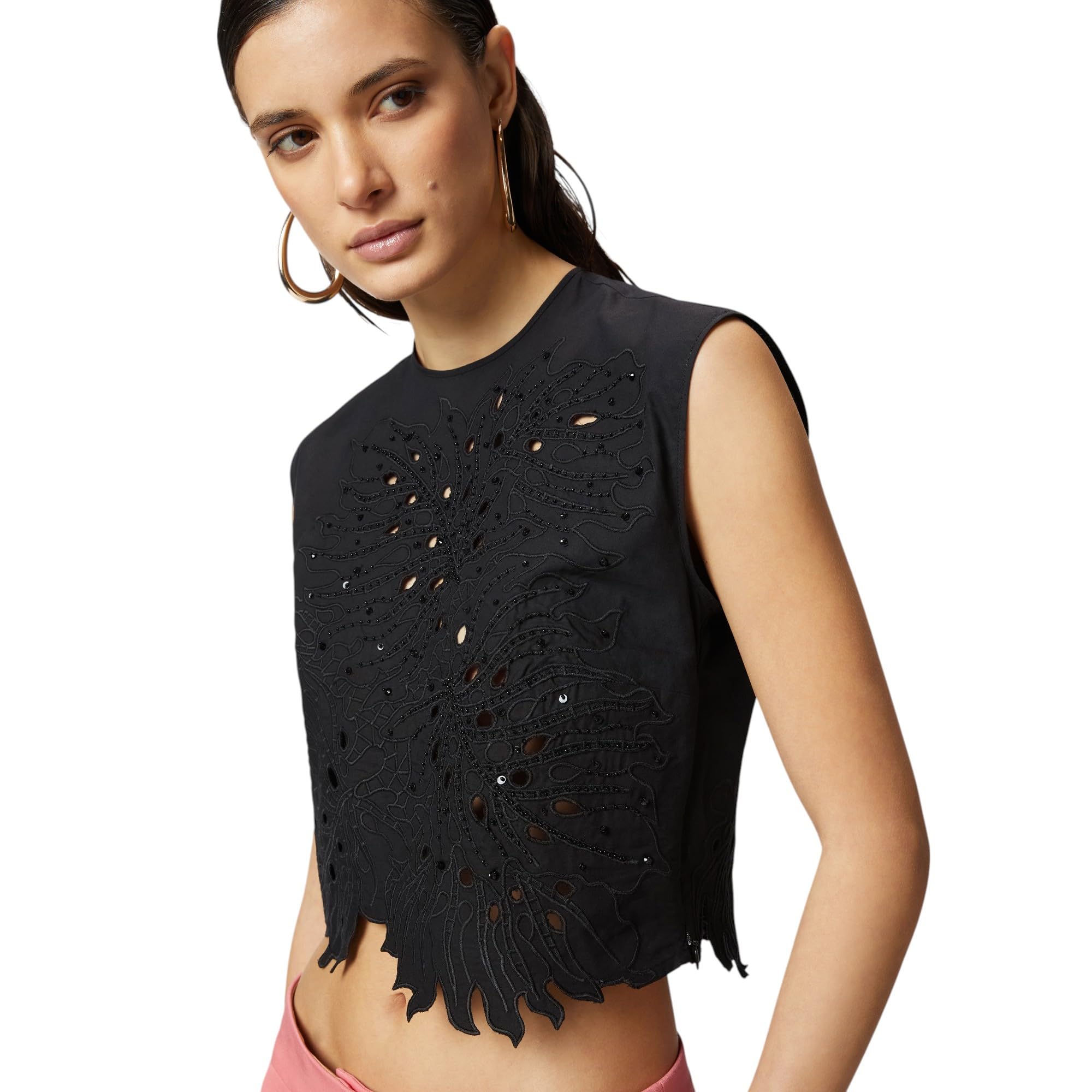 Pinko black top with Sangallo embroidery