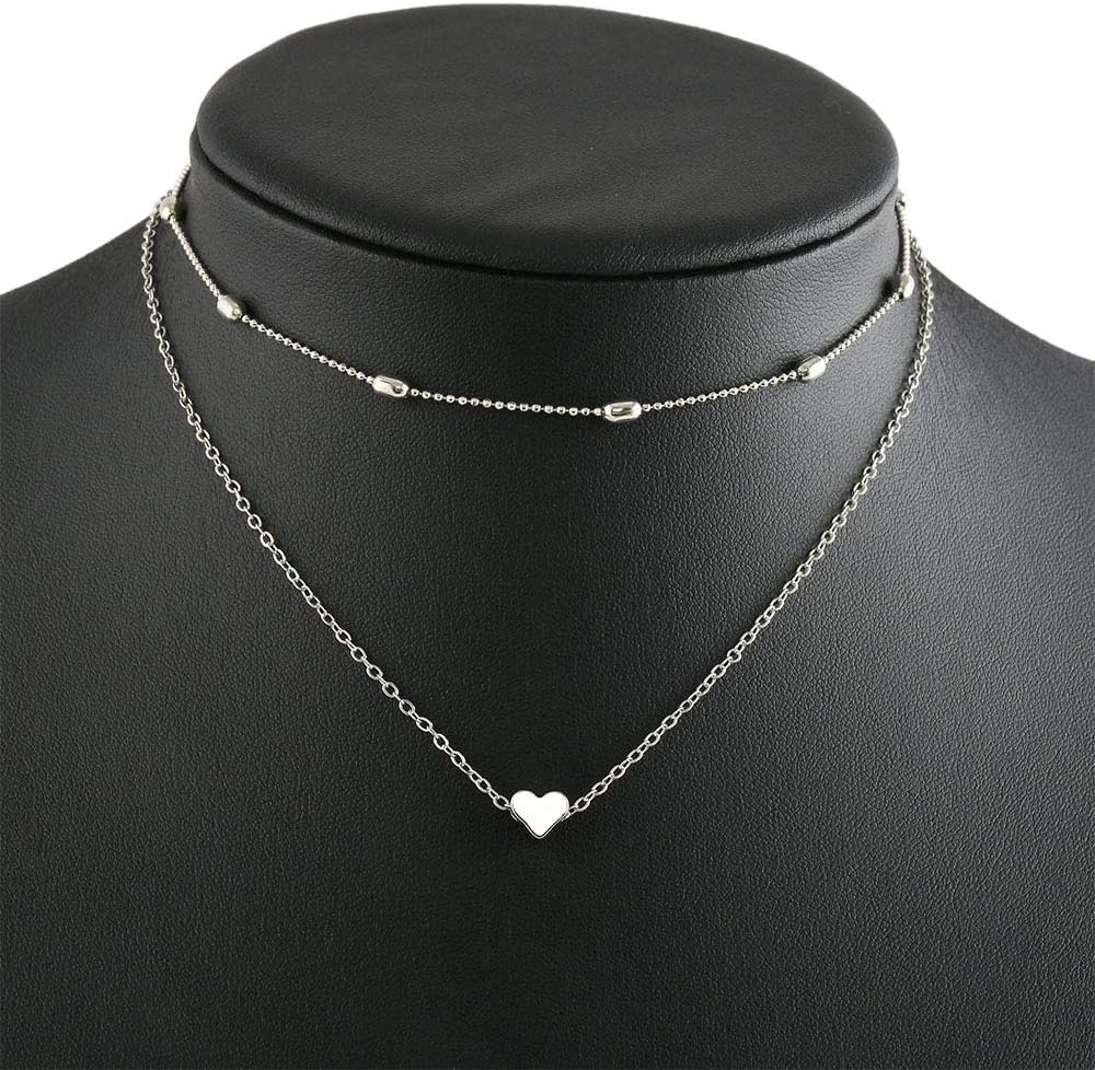Aluinn Cute Heart Silver Choker Necklace for Women 18K Silver Layered Love Pendant Necklace Dainty Small Silver Necklace Gift Stocking Stuffers for Women Everyday Wear
