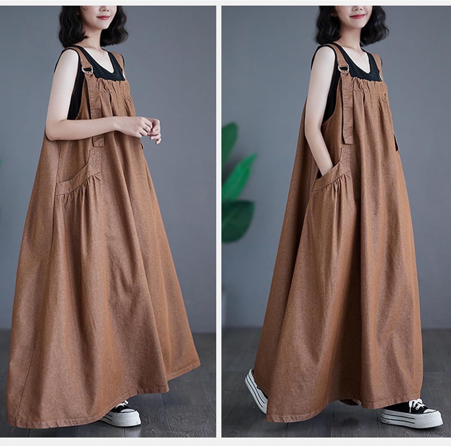 Denim Jumper Dress for Women Maxi Loose Adjustable Straps Long Jean Dresses Plus Size Overall Dress with Pockets - Image 2