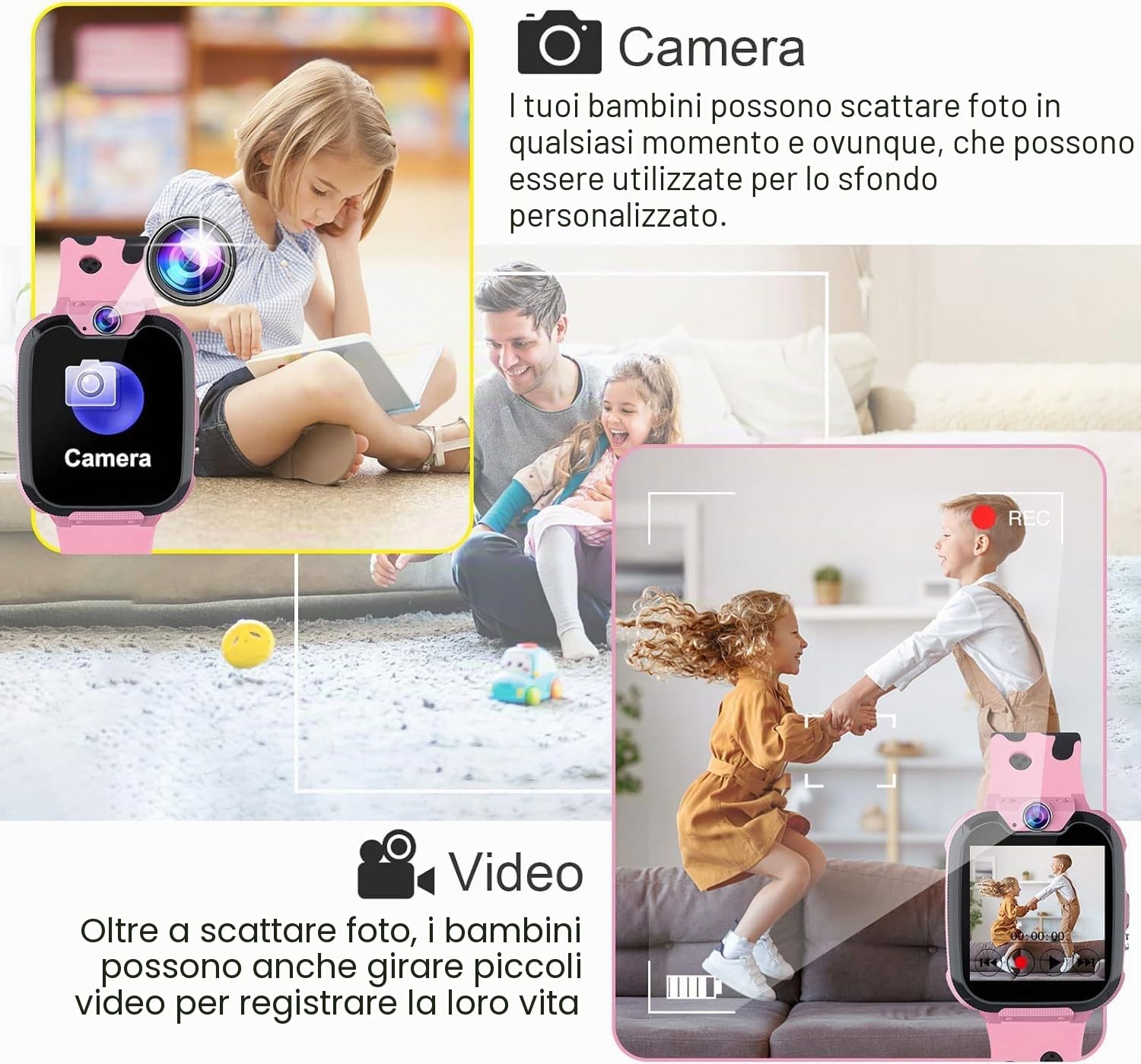 Smartwatch per Bambini con Chiamata, SOS, Calcolatrice, Giochi, Sveglia, Fotocamera, IP67 impermeabile, Modalità Silenziosa Regalo Adatto per Ragazze e Ragazzi Rosa