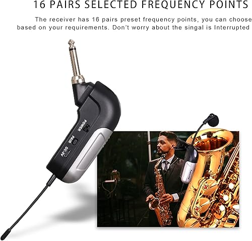 Miniatura 7 de Saxofón inalámbrico instrumento musical recogida, micrófono profesional instrumento inalámbrico UHF Pickup Mic receptor y sistema transmisor, clip