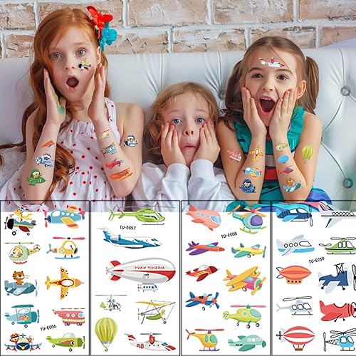Miniatura 7 de 90 calcomanías de tatuajes temporales de avión calcomanías de tatuaje falsas impermeables de dibujos animados para decoración temática de avión