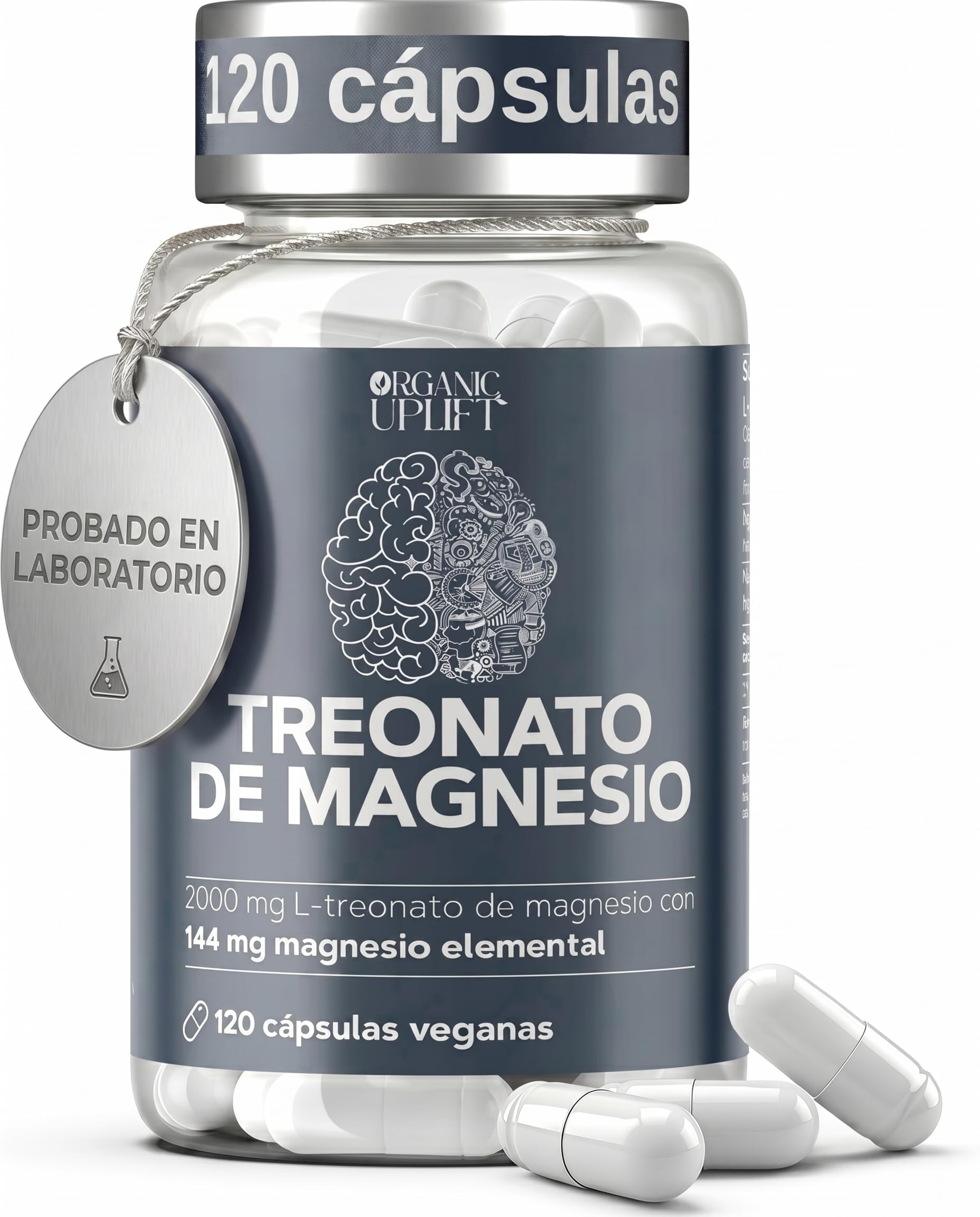 L-treonato de magnesio, alta dosis de 2000 mg de magnesio puro, buena absorción, favorece la memoria, la concentración y el sueño profundo, 120 cápsulas