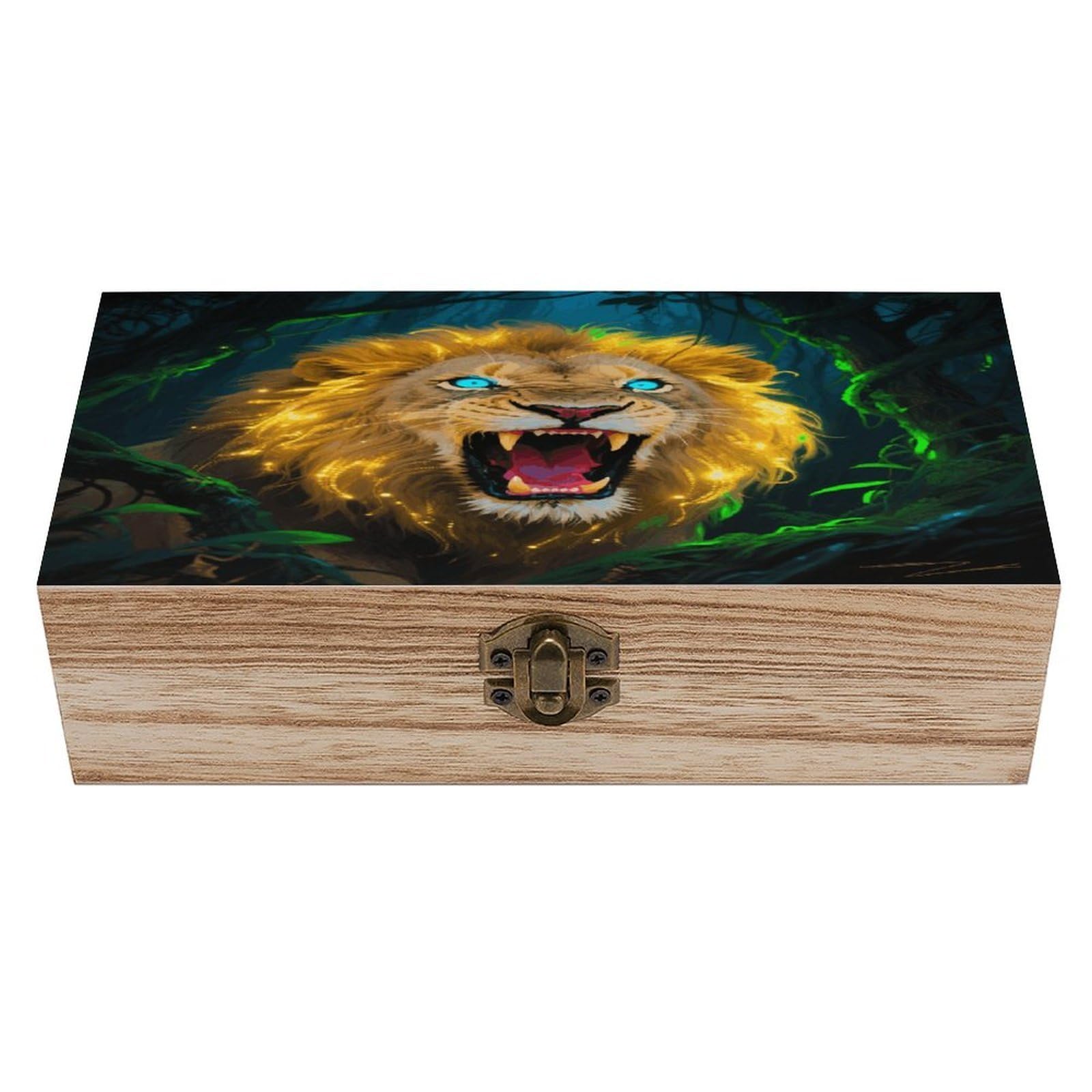 VstaDank Fluorescent Lion Wooden Box Sturdy Vintage Storage Box with Hinged Lid Exquisite Wood Keepsake Boxes Large Jewelry Case Cute Trinket Holder Unique Gift for Men & Women